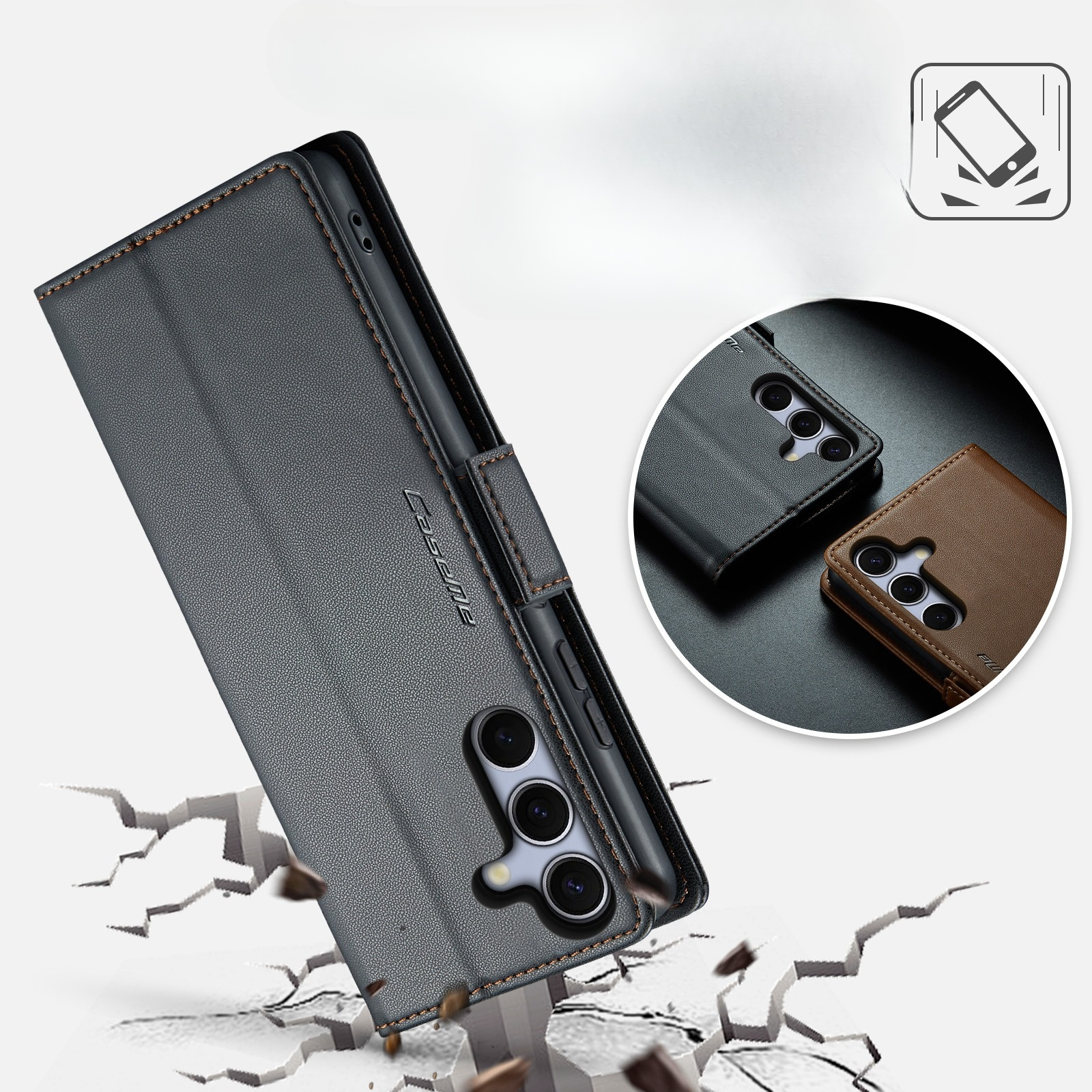 Samsung Galaxy S25 FE Leder Tasche Flip Wallet Etui mit Kartenfächern Litchi Look (RFID Schutz) - Schwarz