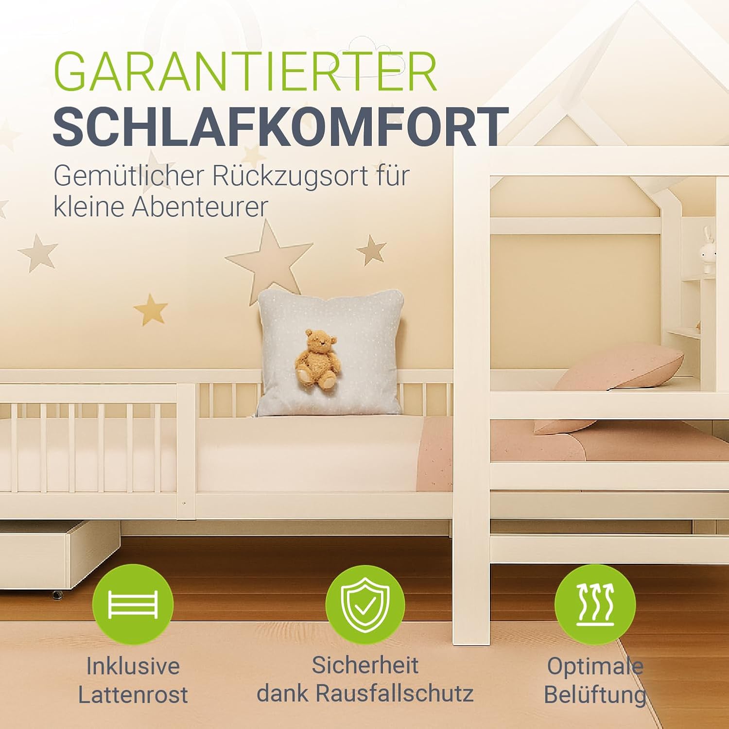 Juskys Kinderbett Yari 90x200 cm - Einzelbett mit Schreibtisch & Schublade, Kiefernholz & Langlebige Materialien, Verspieltes Haus-Design - Weiß