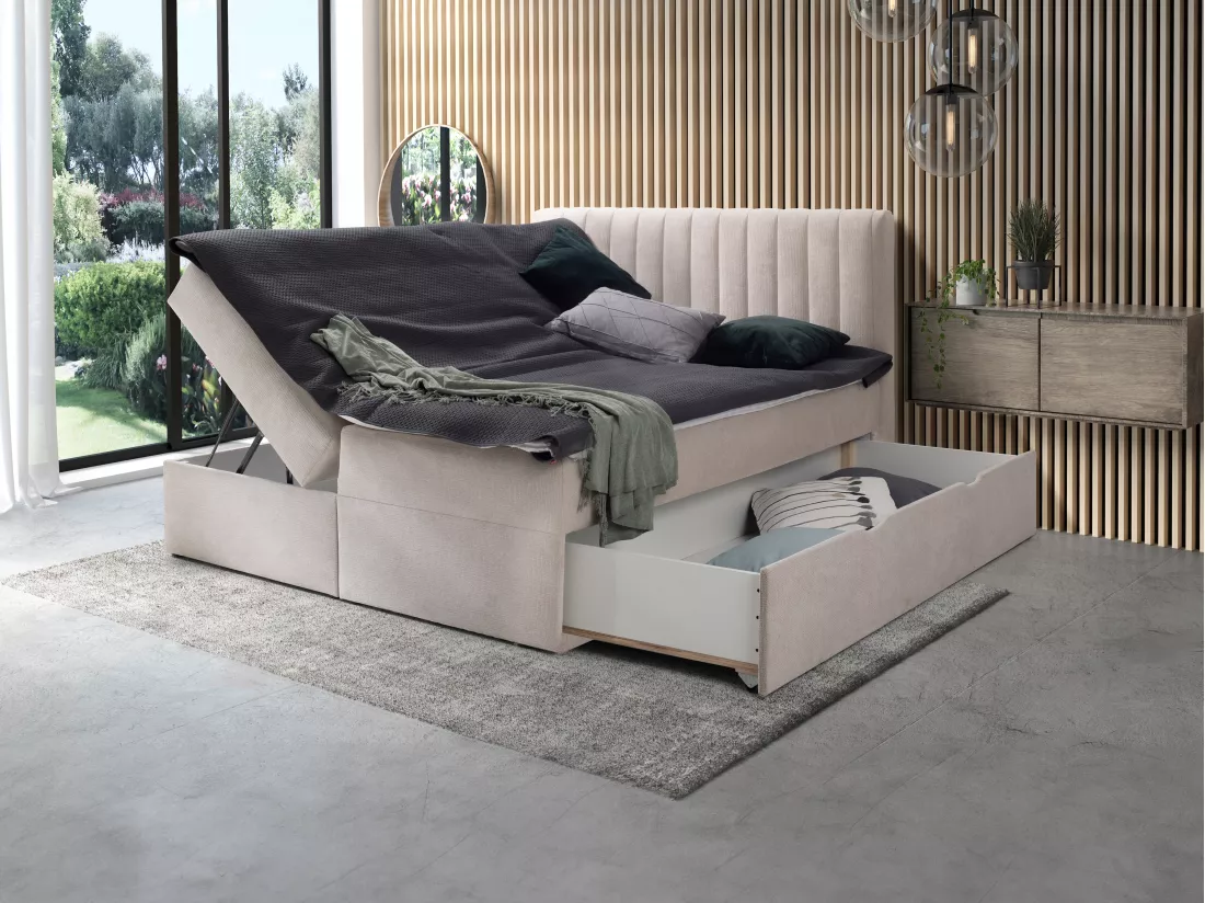 Ensemble complet literie déco tête de lit + sommiers coffre et tiroir + matelas + surmatelas - 160 x 200 cm - Tissu - Beige - ARAO de YSMÉE