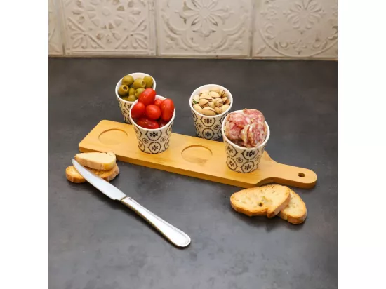 ~ Set apéritif tapas 4 verrines en bambou et céramique blanc et marron 34.5 x 8 cm