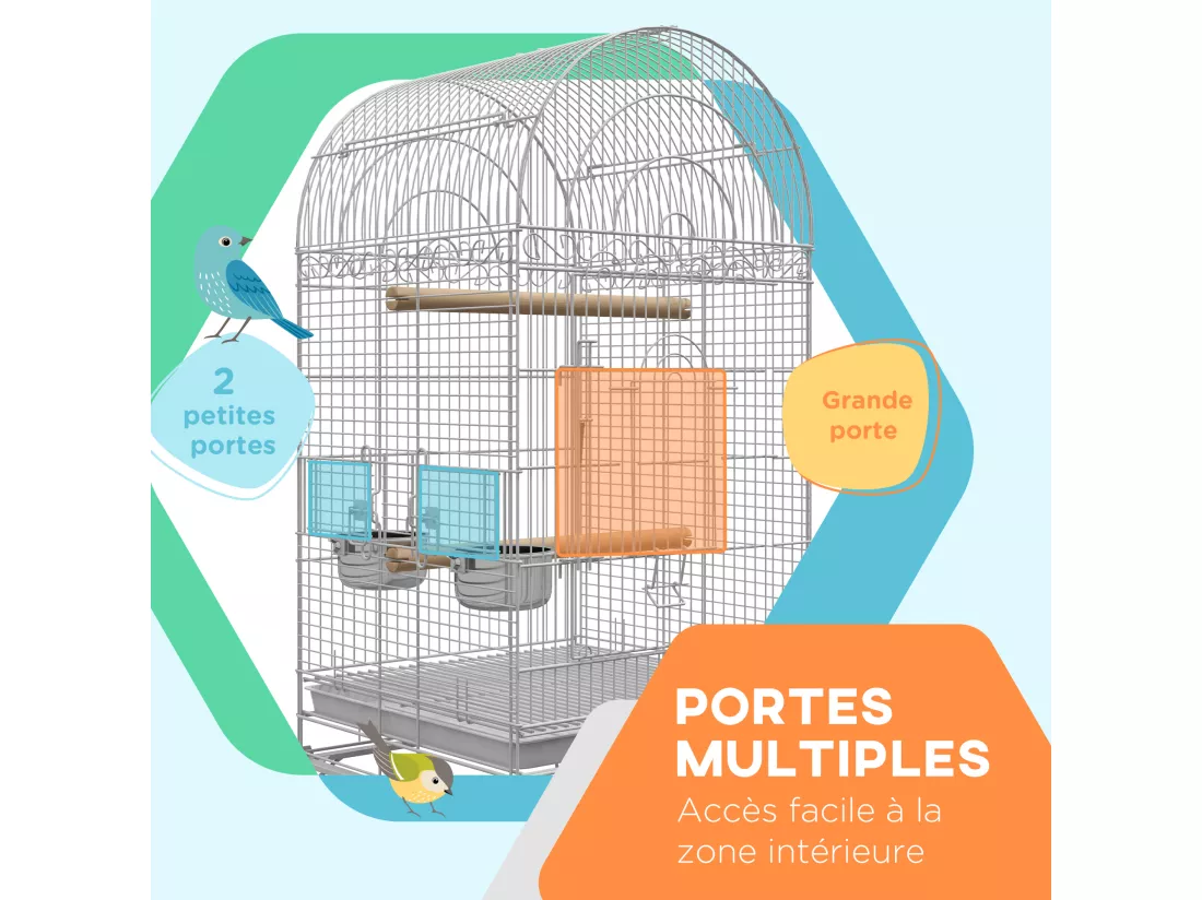 Cage à oiseaux volière sur roulettes - étagère, grille, plateau amovible, 2 bols acier inox, perchoir - acier blanc