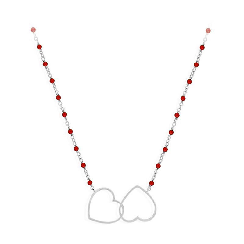 Collier Argent Rhodié Double Coeur Et Pierre Rouge