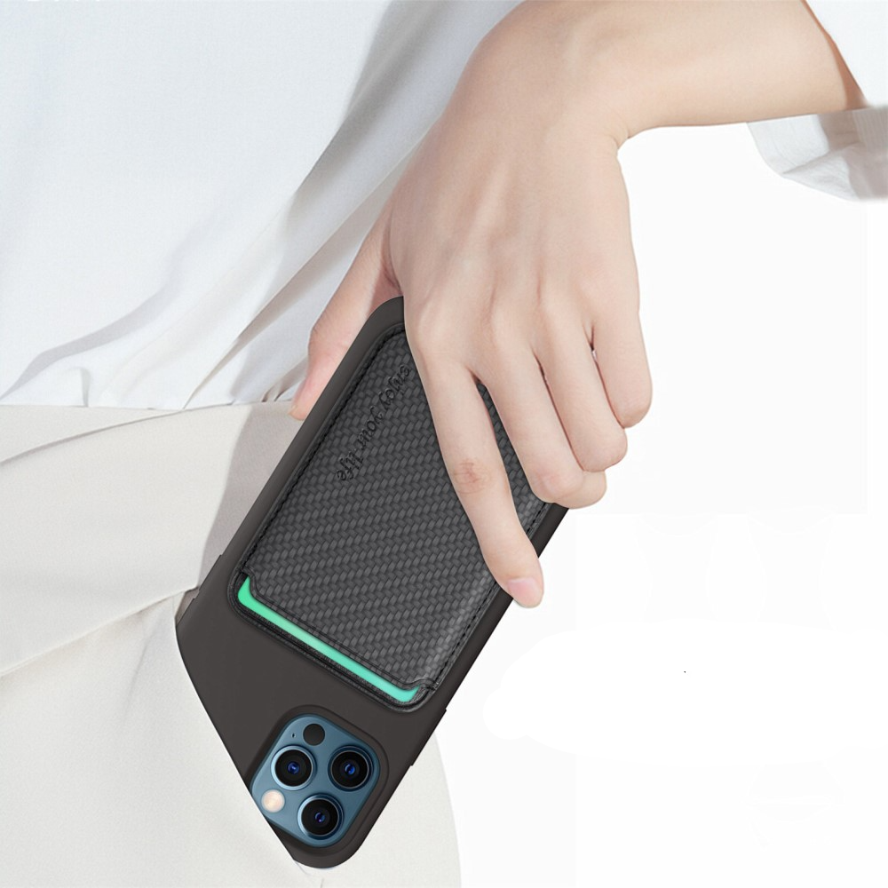 Magnetische MagSafe iPhone Leder Wallet Kreditkarten Halterung in Carbon Optik - Schwarz