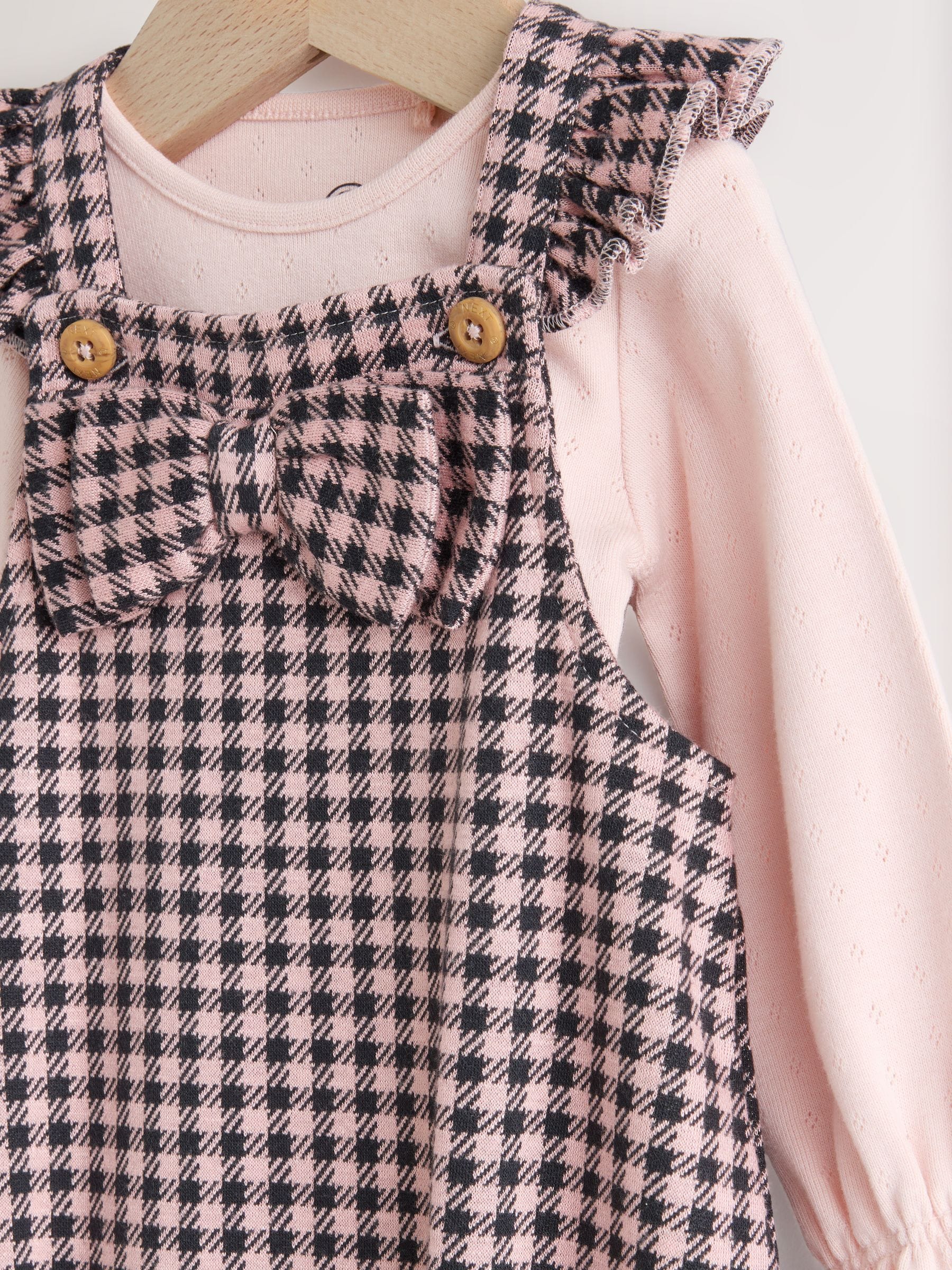 Pink / Chocolate Gingham - Baby 2 -delige set van bodysuit met lange mouwen en bretelbroeken (0mnd -2jr)