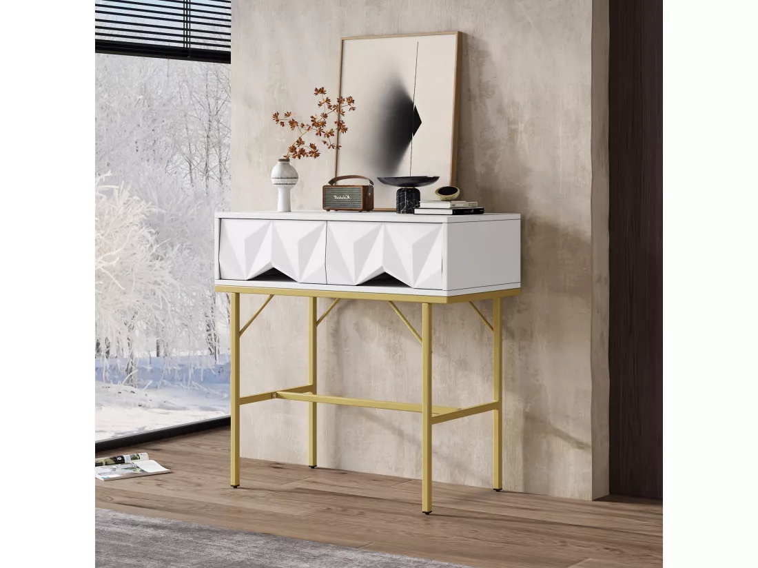Table console moderne, design creux à 2 tiroirs, Blanc & Doré