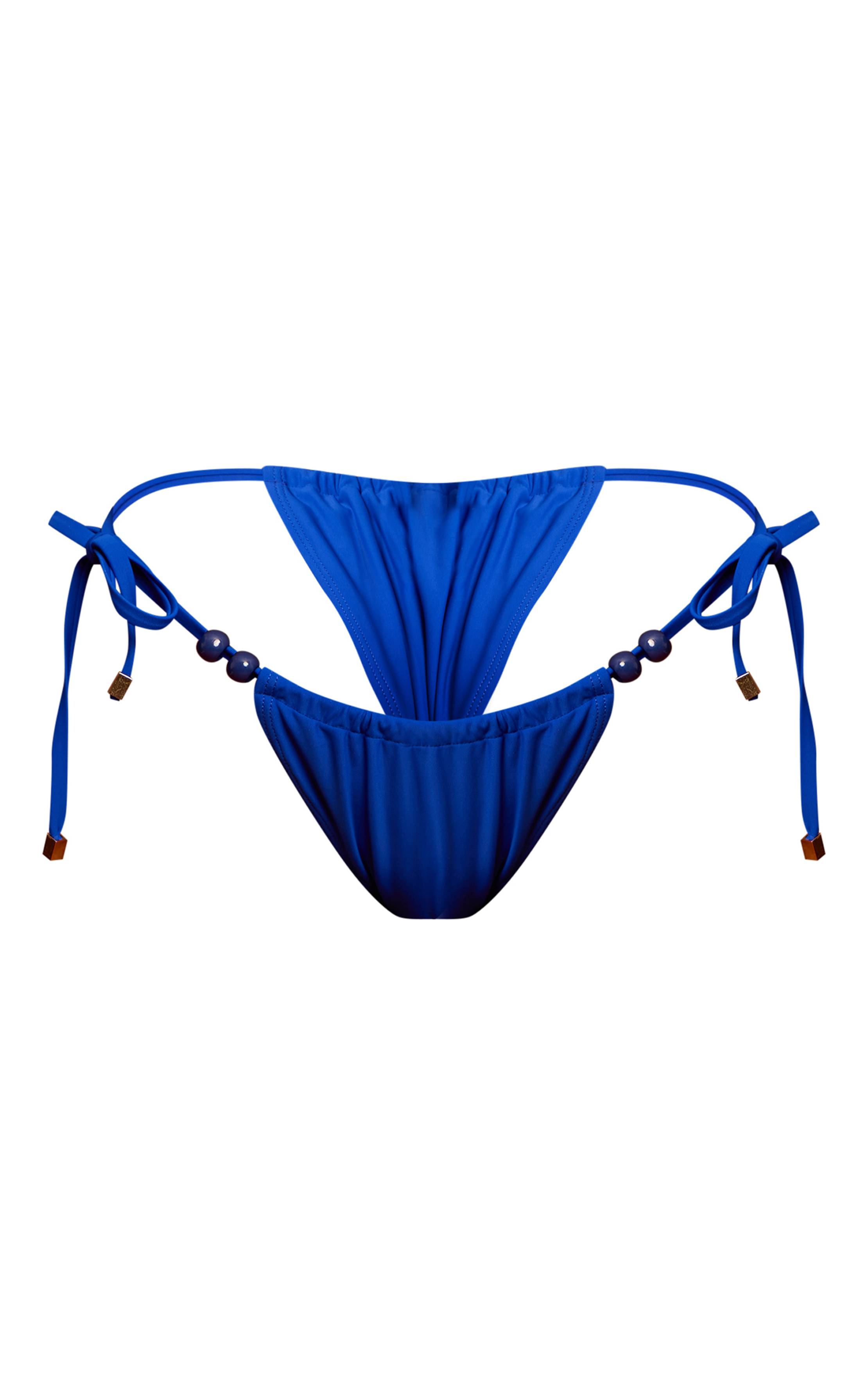 Bleu Cobalt Bas De Bikini À Liens Latéraux Avec Détails Froncés Et Perles
