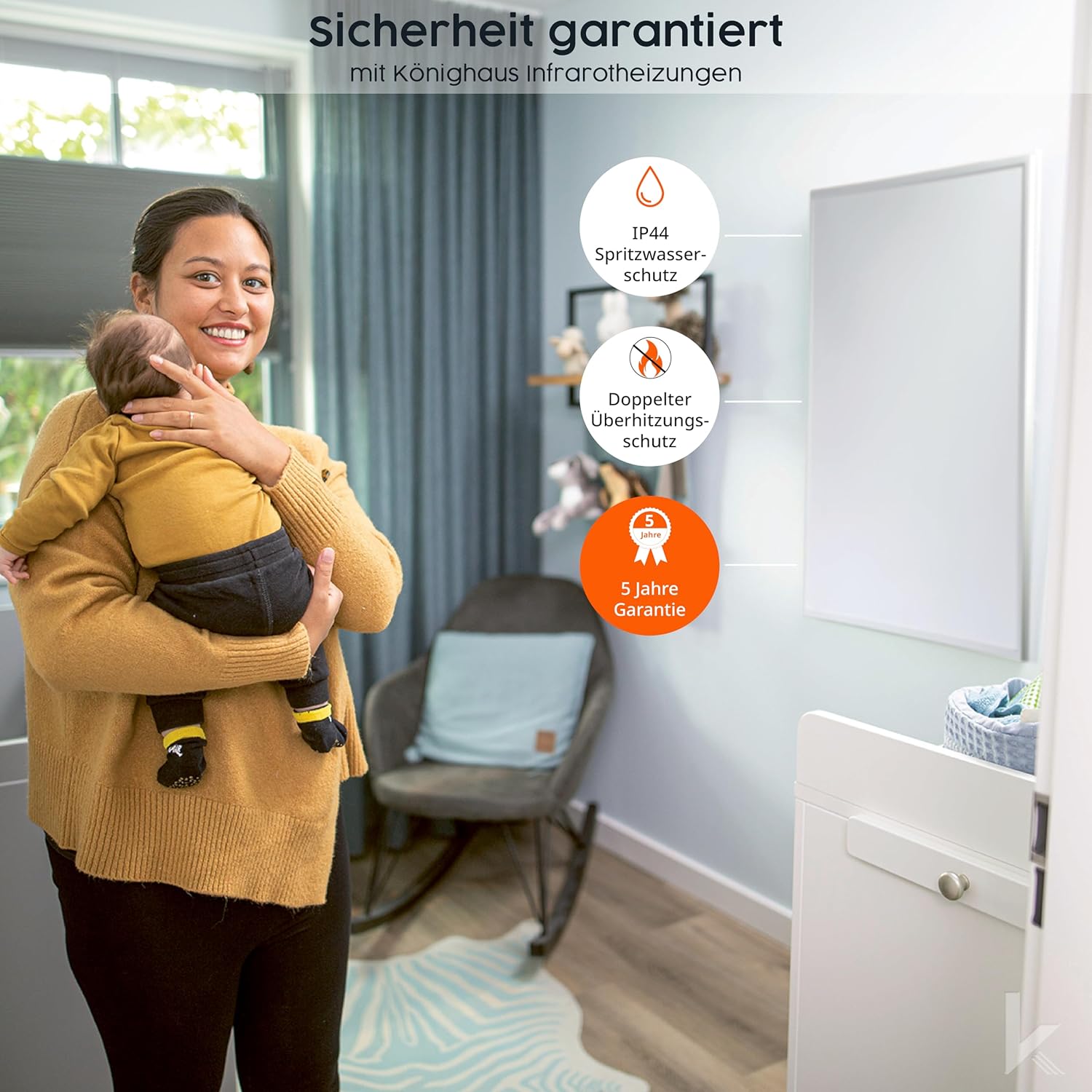 Könighaus Infrarotheizung - 130 Watt mit TÜV SÜD + 5 Jahre Herstellergarantie ✓ Doppelter Überhitzungsschutz ✓ Heizkörper in 2-4 min auf Betriebstemperatur ✓ inkl. Thermostat