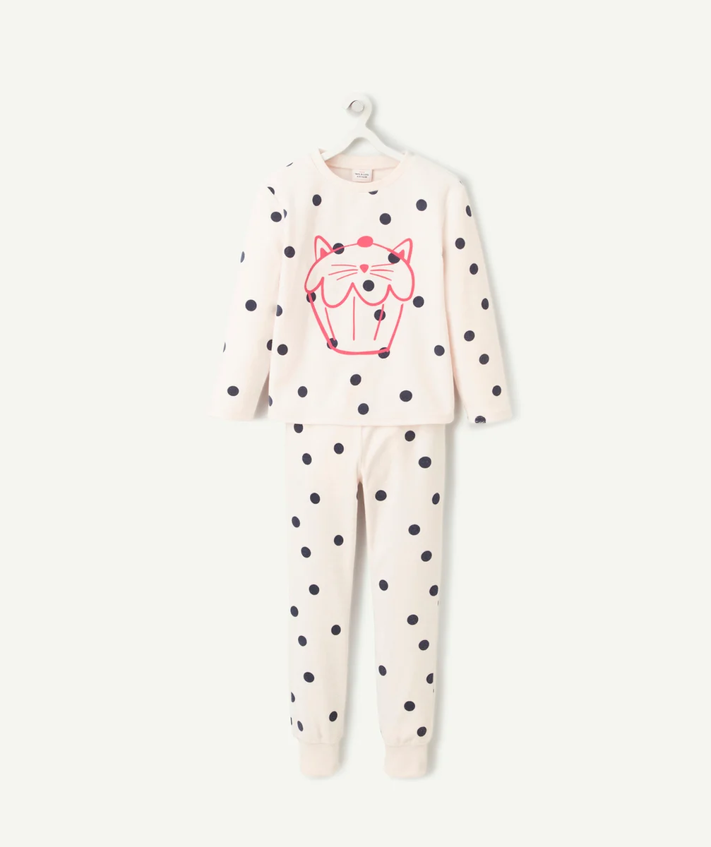 PYJAMA VELOURS FILLE EN FIBRES RECYCLÉES ROSE PÂLE À POIS