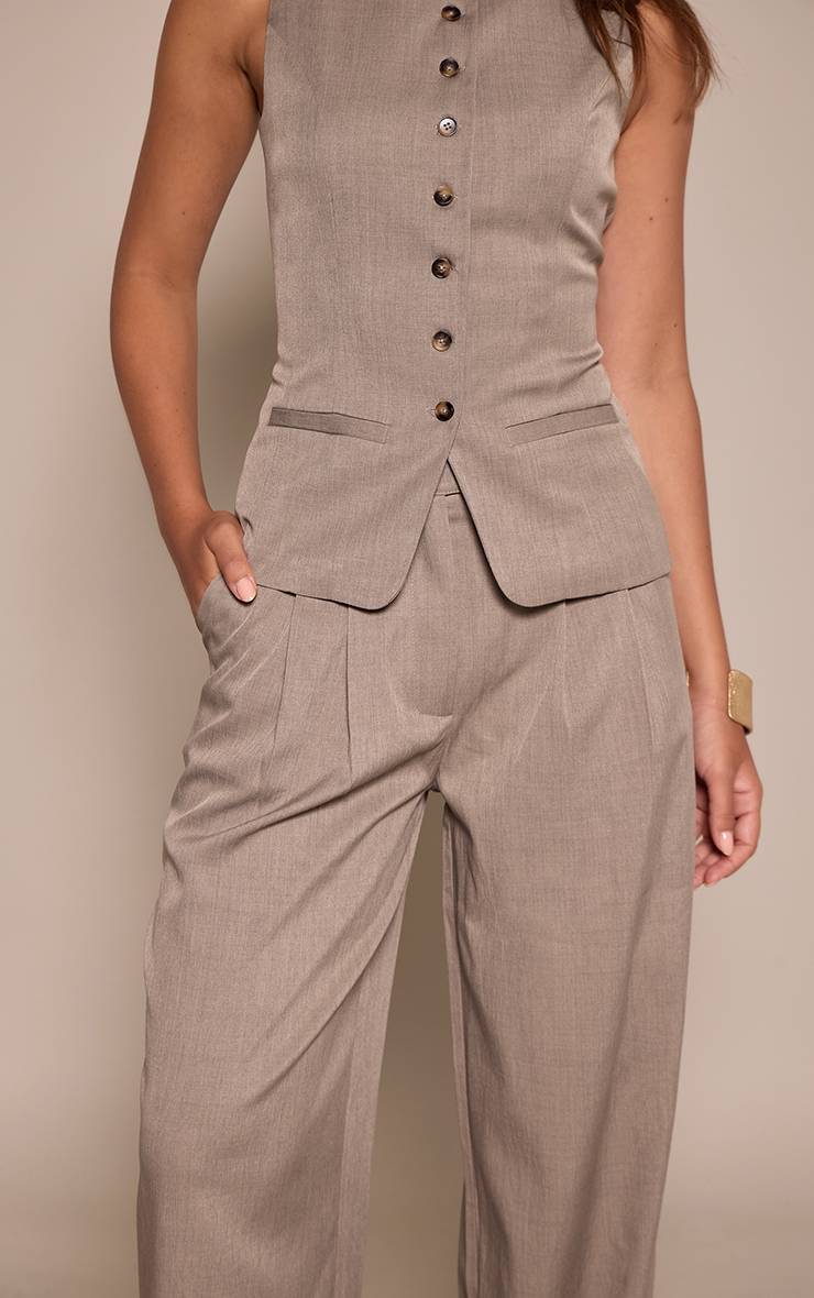 Taupe Pantalon Large Plissé En Tissu Tissé Ajusté