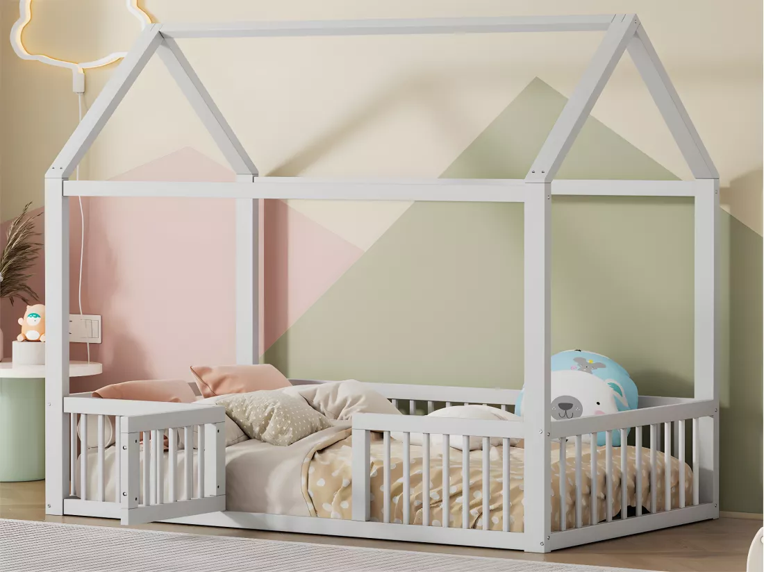 Lit cabane pour enfant - 90x200cm - en bois massif - Blanc