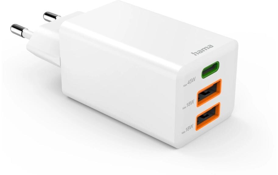 USB-Wandladegerät Gan charger 2x USB-A USB-C 45 W WeissSchnellladegerät mit 1x USB-C und 2x USB-A