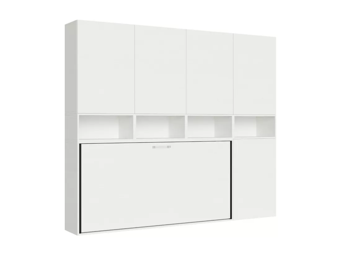 Lit escamotable horizontal blanc Bounto 85x185 avec rangement et bibliothèque composition C-