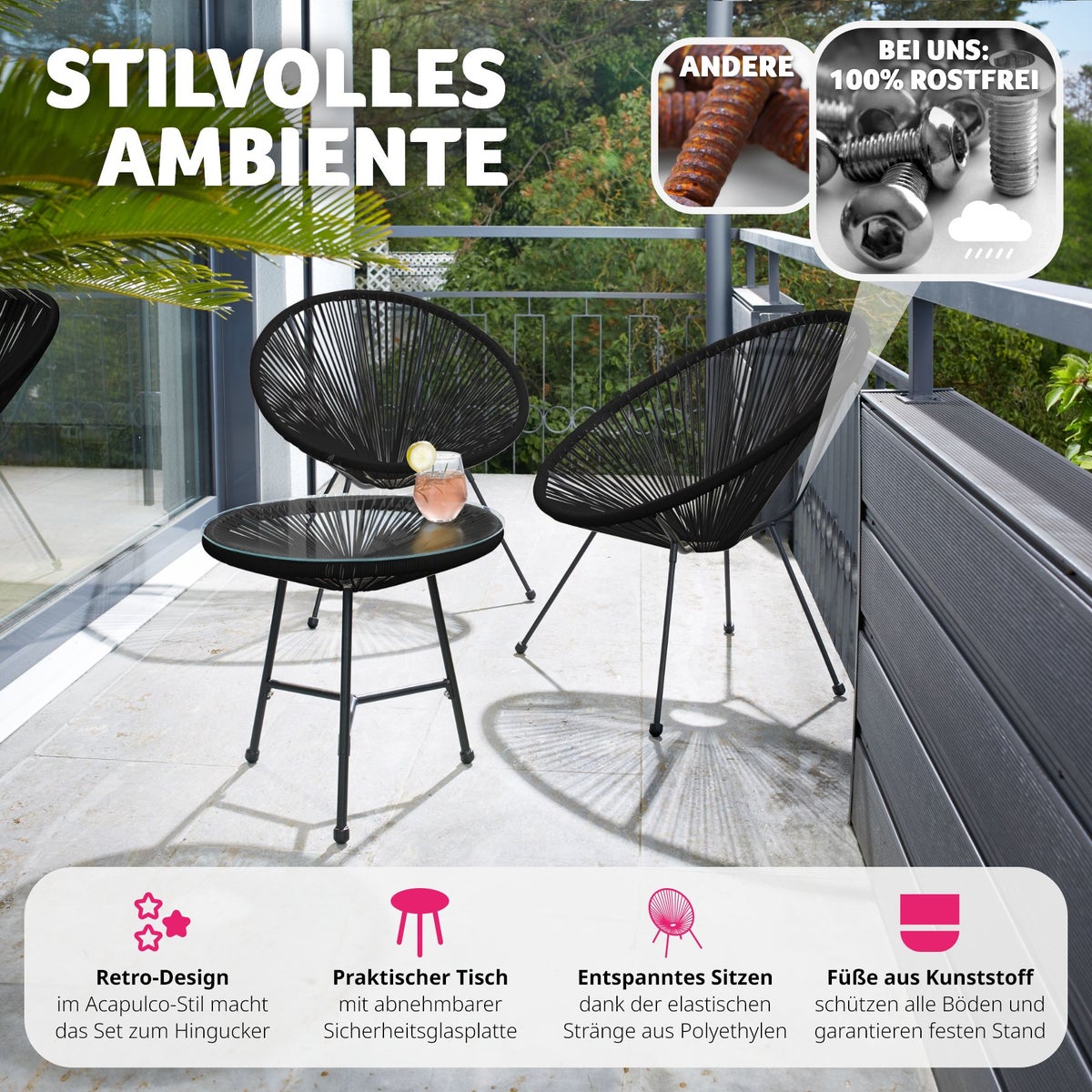 Santana tuinstoelen met tafel, tectake retrodesign in Acapulco-stijl, stoeldraagvermogen 120 kg