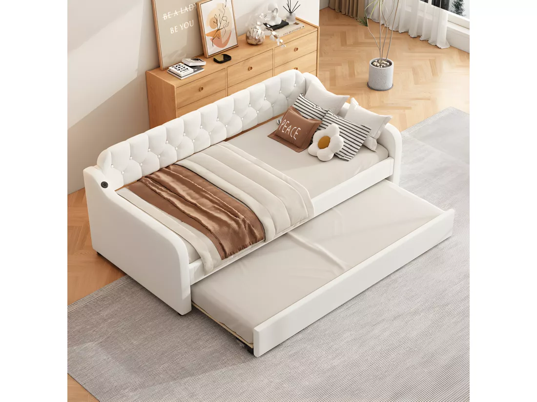 Lit gigogne 90x200cm - avec Port USB - tissu en Lin - Beige