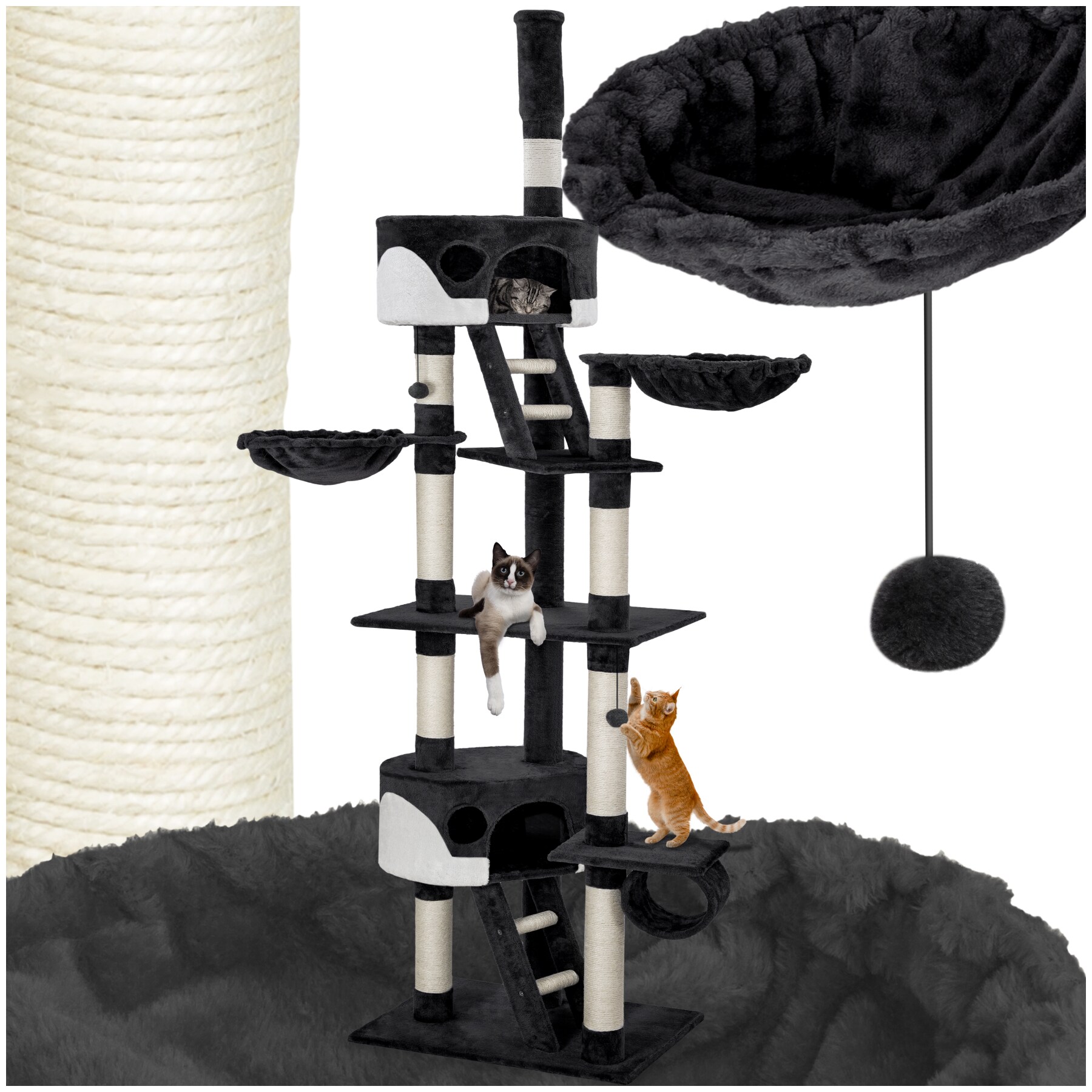 tectake® Kratzbaum, 243 bis 260 cm, mit 2 Katzenhäusern, inklusive 2 Treppen, 2 Spielbällen, Deckenspanner und Kippschutz