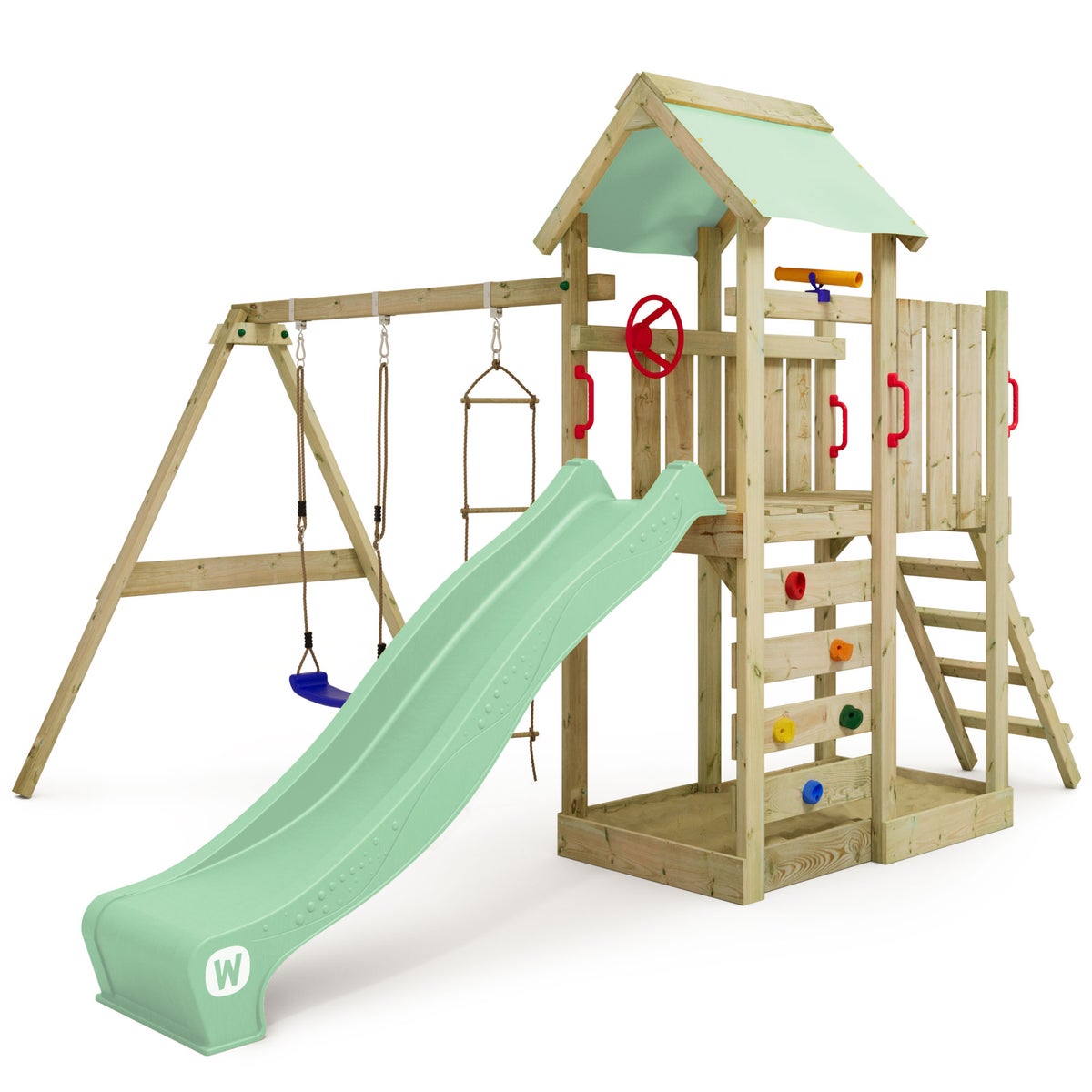 WICKEY MultiFlyer speeltoren klimtoestel met schommel en glijbaan, klimtoren met zandbak, ladder en speeltoebehoren – pastelgroen