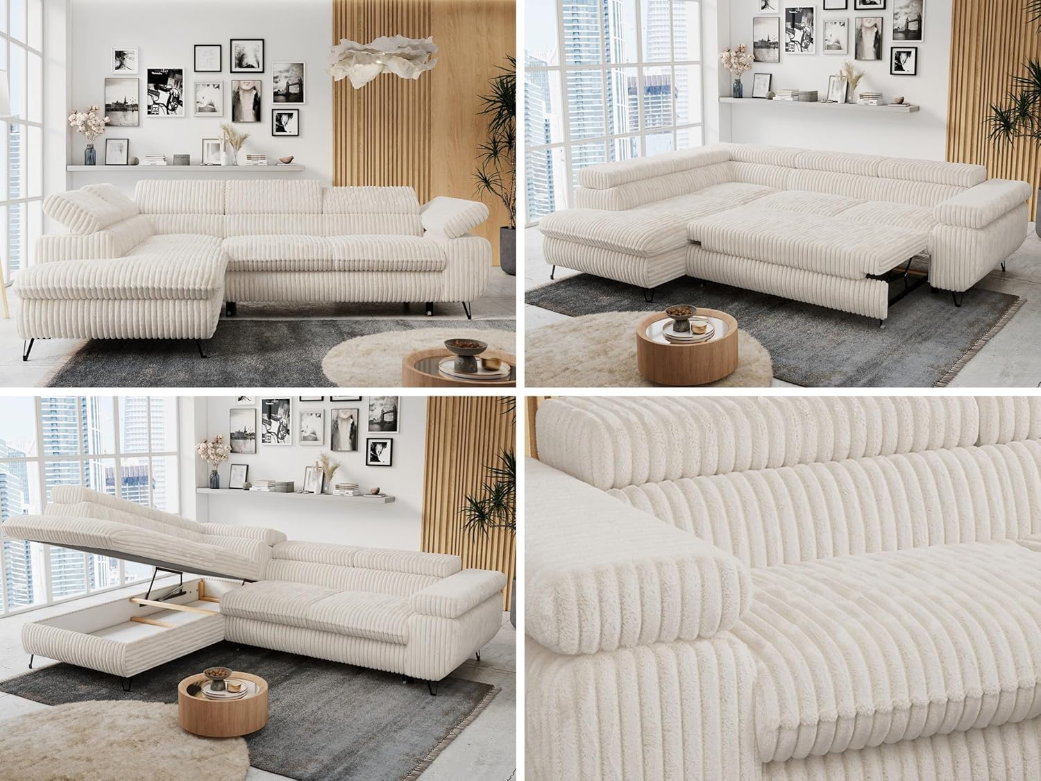 MKS MEBLE Ecksofa Wohnlandschaft L-Form mit Schlaffunktion und Bettkasten, Schlafsofa mit Bettkasten, Sofa mit Einstellbare Kopfstützen, Peter L - Cord - Links Beige