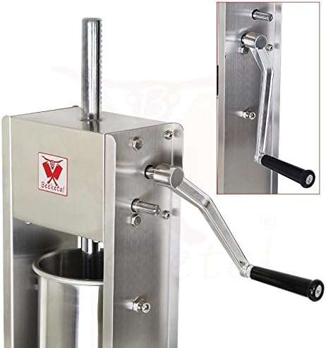 Beeketal 'BT05' Edelstahl Industrie Wurstfüllmaschine (5 L Volumen) SGS-geprüft, Profi Wurstfüller mit gehärtetem 2 Gang Vollmetall-Getriebe und 90° Aluguss Handkurbel, inkl. 5 Fülltüllen