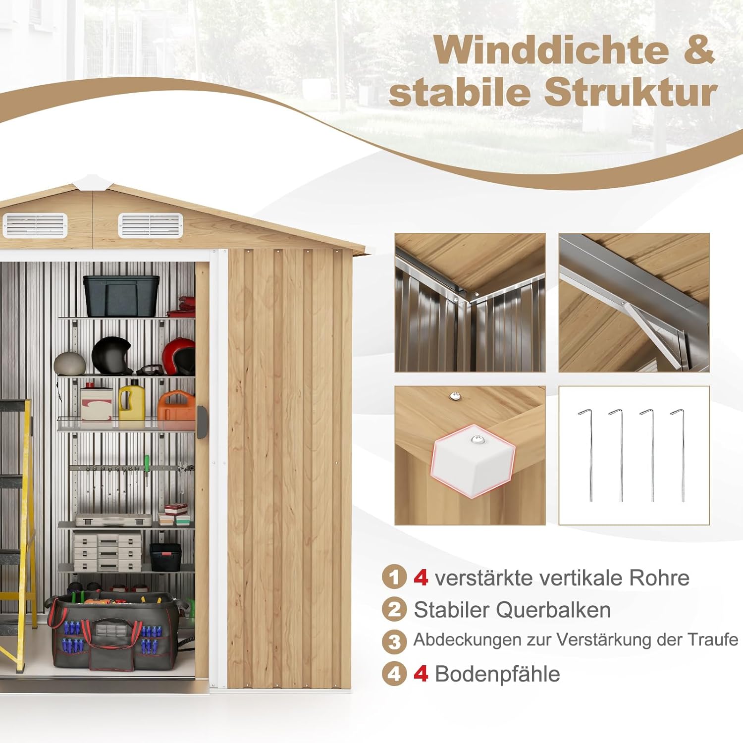 COSTWAY Gerätehaus Metall, Geräteschuppen abschließbar, Gartenhaus mit 4 Luftschlitzen & Schiebetür & Rampe, Garten Schuppen Outdoor, Metallschuppen Geräteschuppen, Natur (196 x 142 x 186 cm)