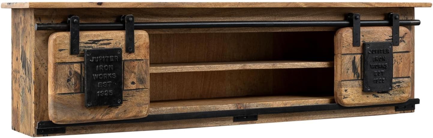 MASSIVMOEBEL24.DE Railway Wandregal 130x25x35 Mango mit 2-türig Zwischenboden, Farbe:Natur lackiert, Größe:130x25x35 cm (BxTxH)