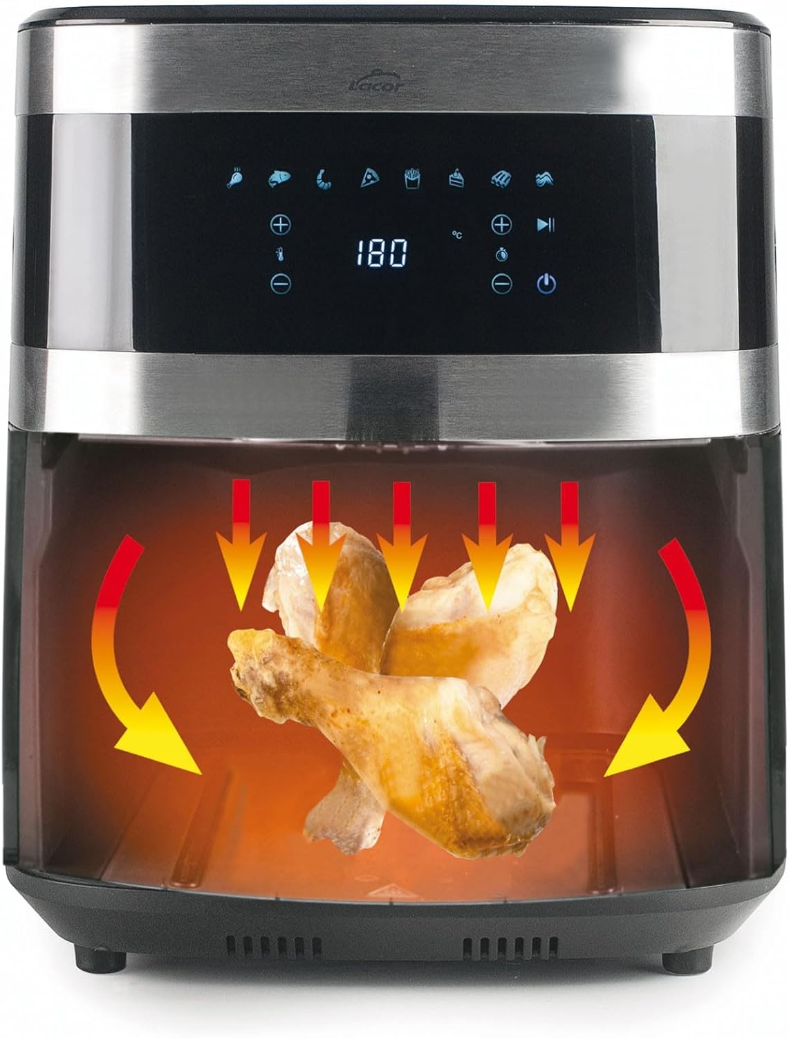 Lacor - 69511 - Ecofry Ölfreie Fritteuse, Heißluftfritteuse mit TotalCook-Technologie, Heißluftfritteuse mit exklusivem Rezeptbuch in 3 Sprachen, Touchscreen, 8 Programme, 1500 W, Kapazität 5.5L