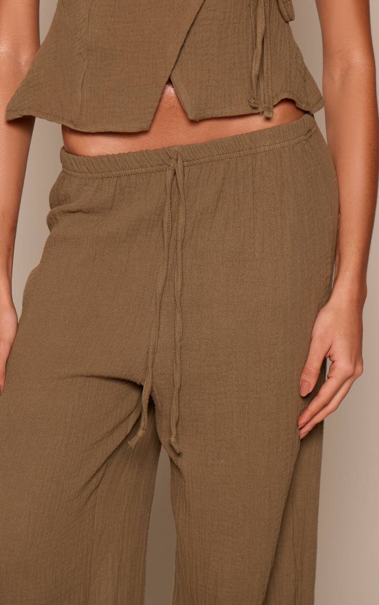Kaki Pantalon Taille Élastiquée En Gaze Texturée Ensemble Coordonné