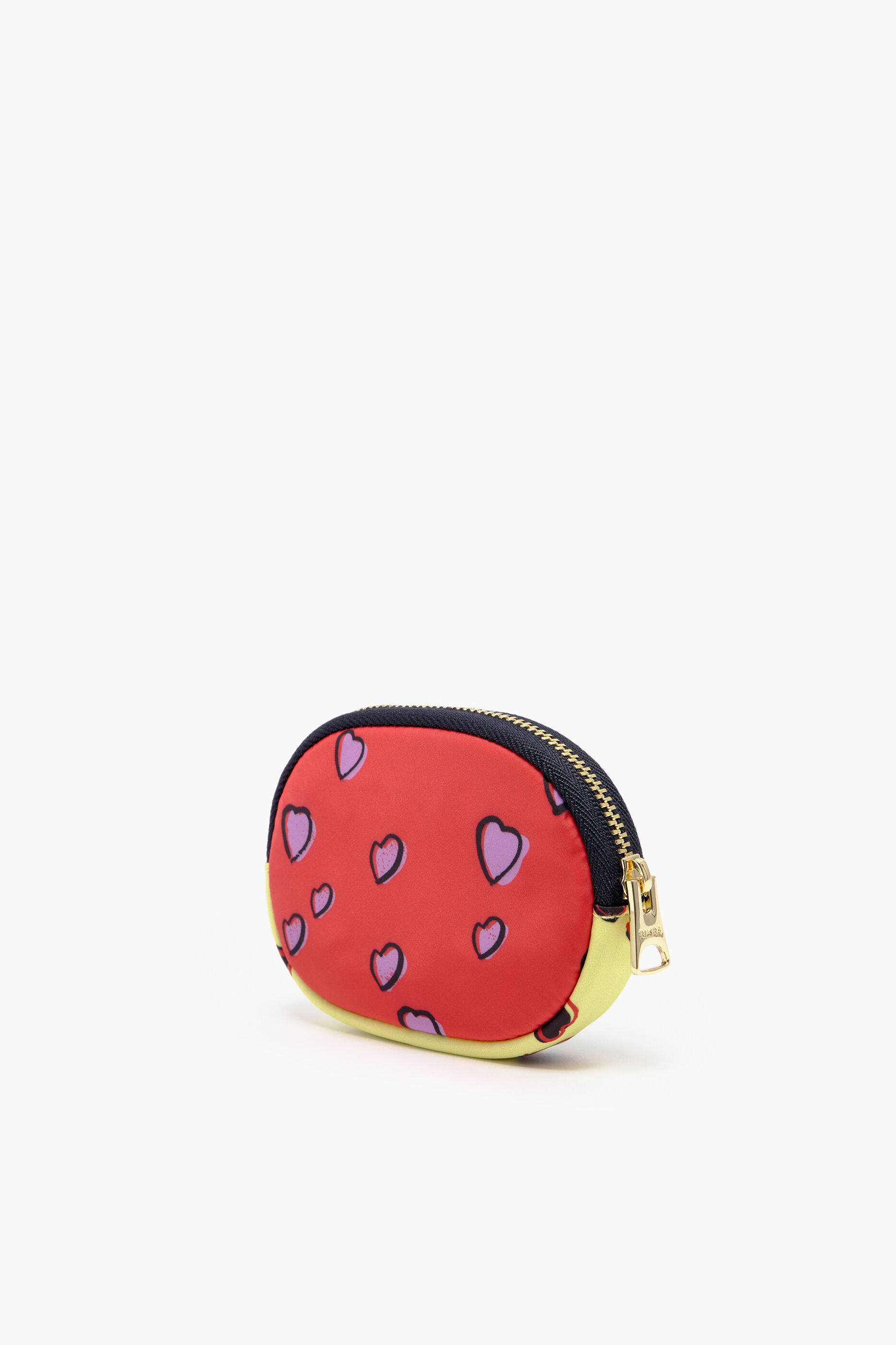 Porta-moedas oval com estampa de pequenos corações, verde.