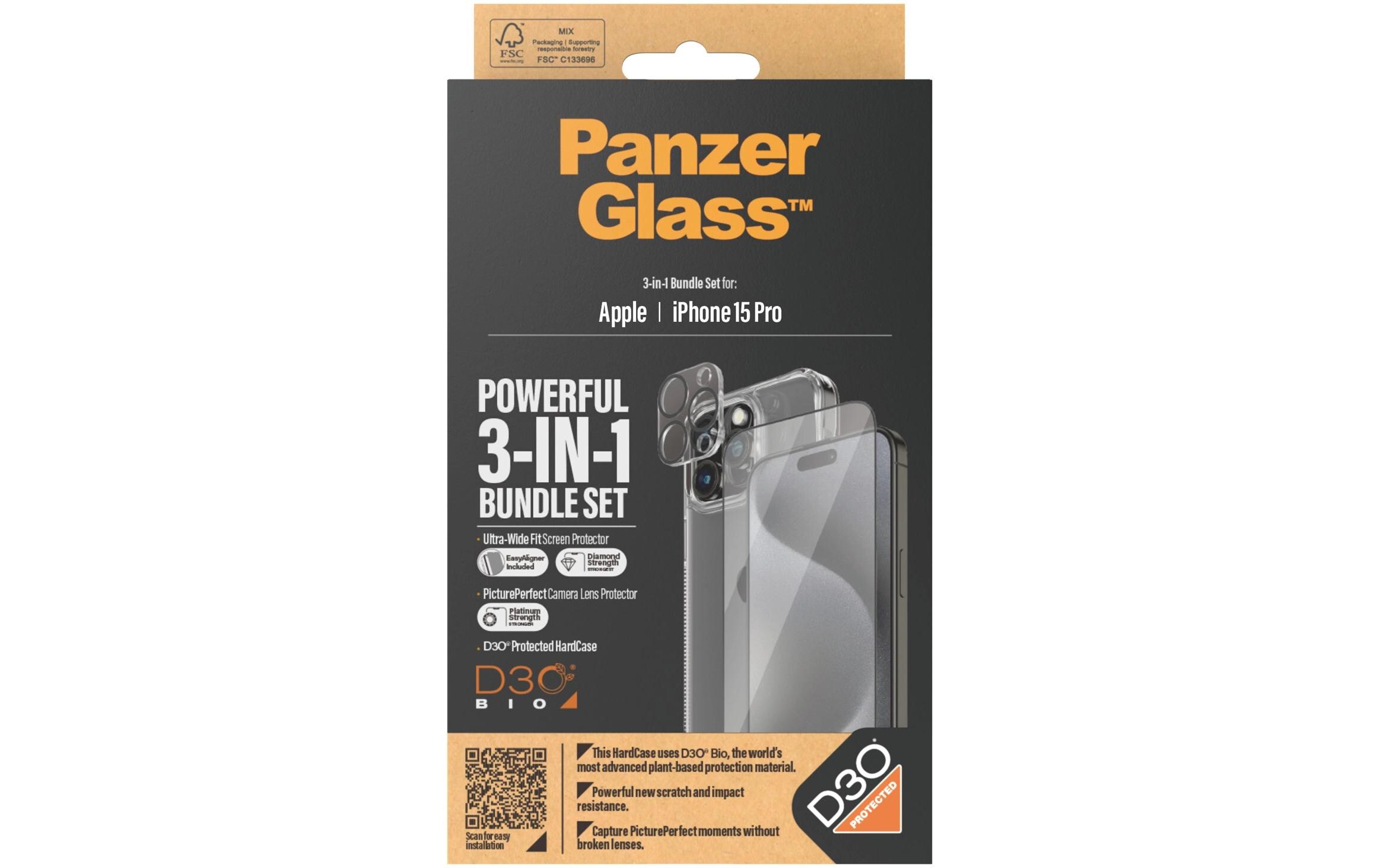 3-in-1 Bundle iPhone 15 Pro3-in-1 Set mit Bildschirmfolie, Schutzhülle und Kamera-Schutz für das Apple iPhone 15 Pro