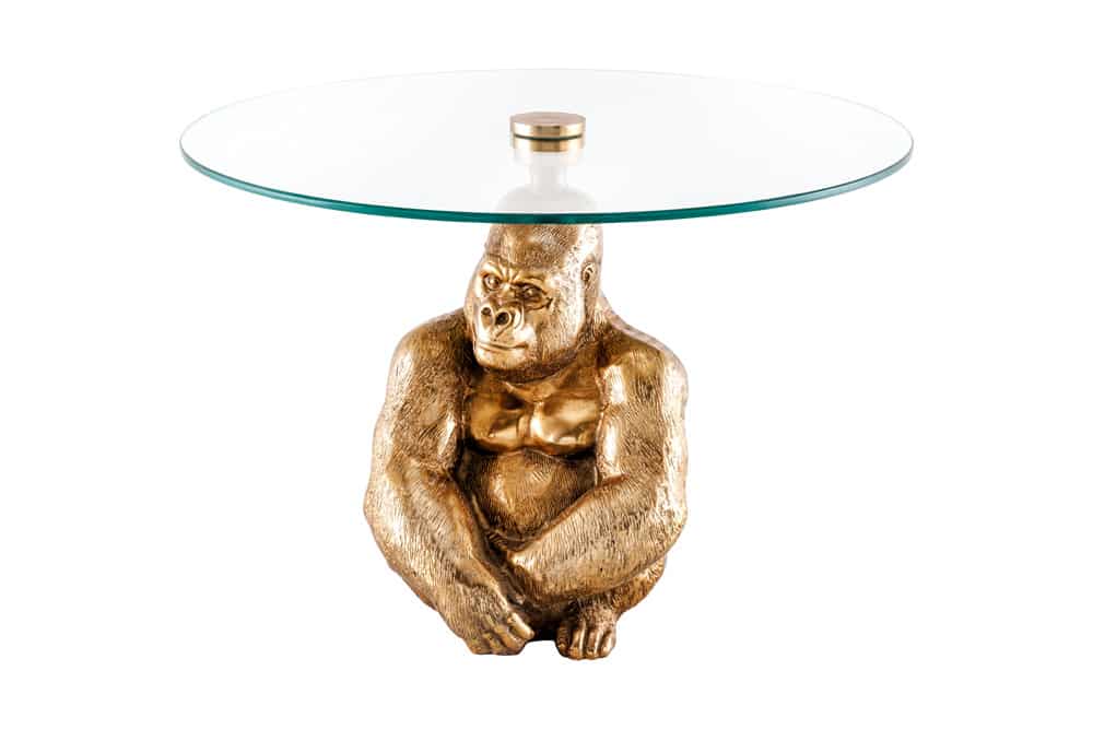Runder Couchtisch WILDLIFE KONG 60cm gold Metall Glas Affenfigur Gorilla Skulptur handmade