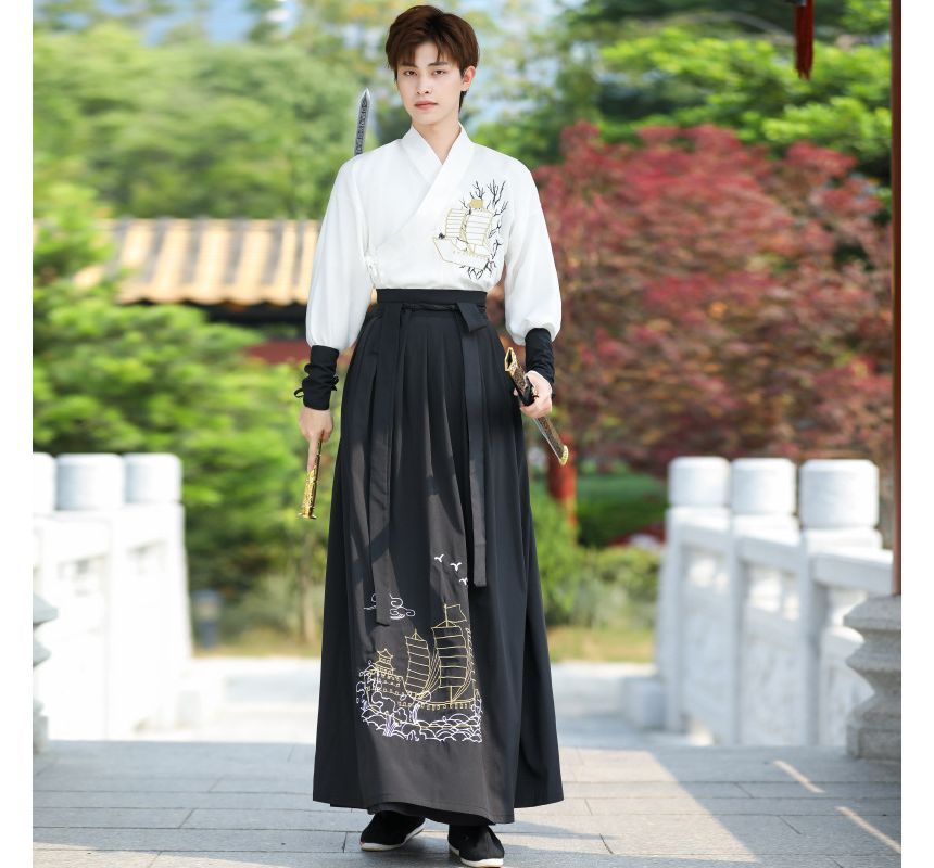 Tangier - Schip geborduurd Hanfu gewaad / Top met lange mouwen / Maxi rok / Arm mouwen / Set
