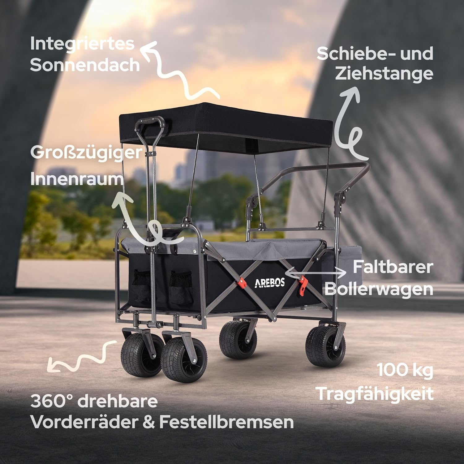 Arebos Bollerwagen faltbar mit Dach | Luxus Handwagen | Faltwagen | Transportwagen | XXL Tasche | klappbar | bis 100 kg | Gerätewagen | 360° Vorderräder | Schwarz