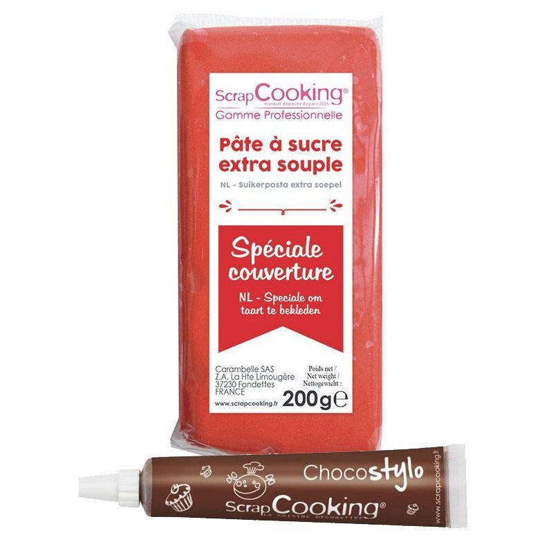 Pâte à sucre de couverture rouge 200 g + Stylo chocolat Scrapcooking