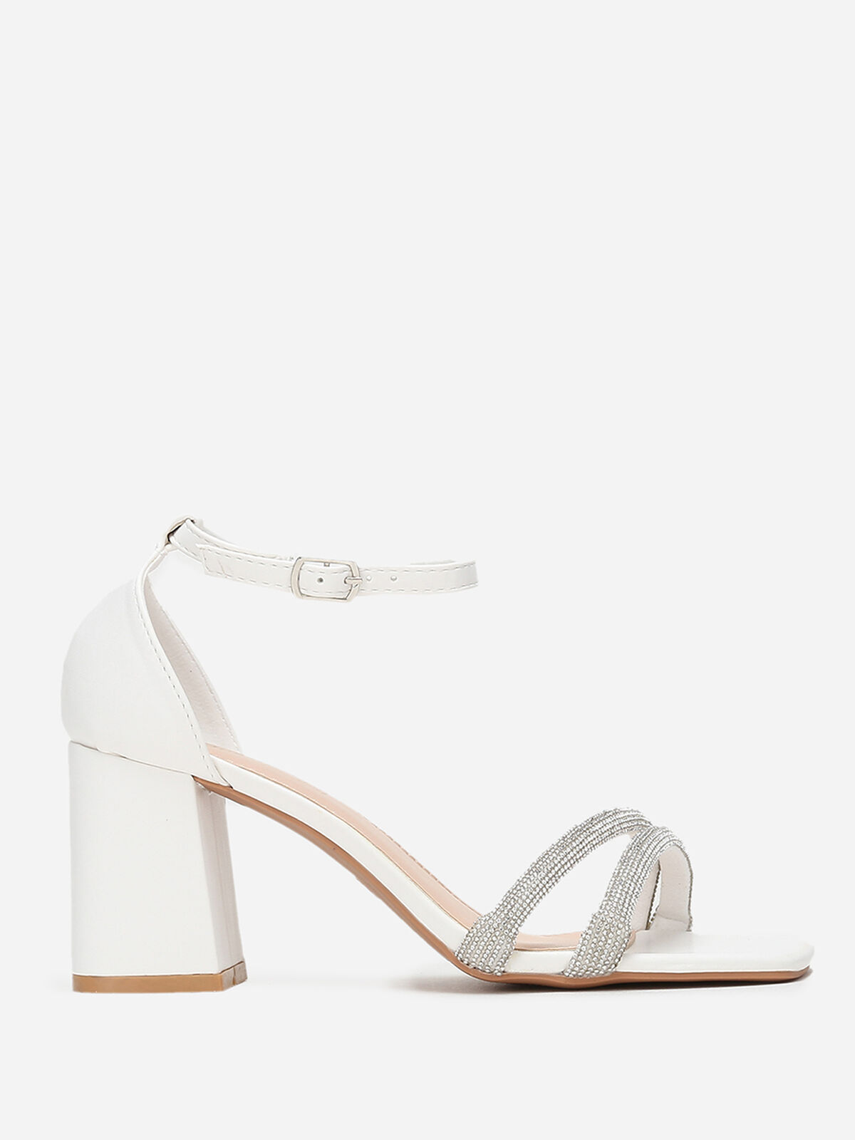 Sandales blanches à bout carré et brides strass Blanc- Blanc