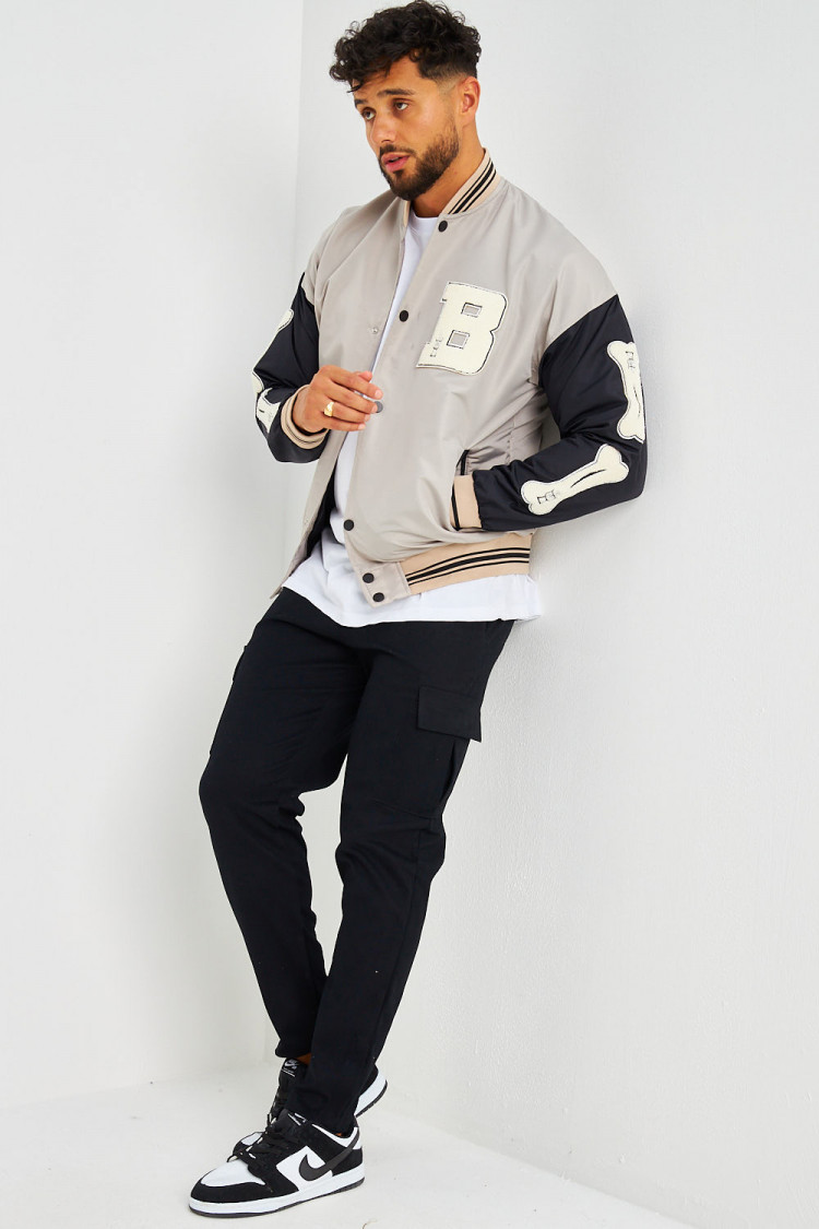 Bomber gris à manches noires brodé 