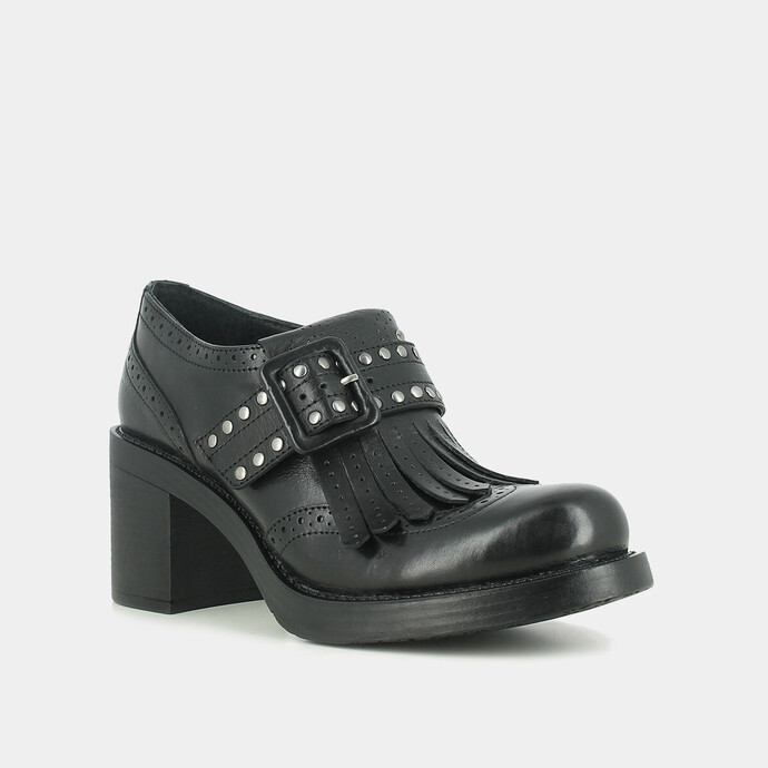 Mocassins à talons et pates frangées  en cuir noir