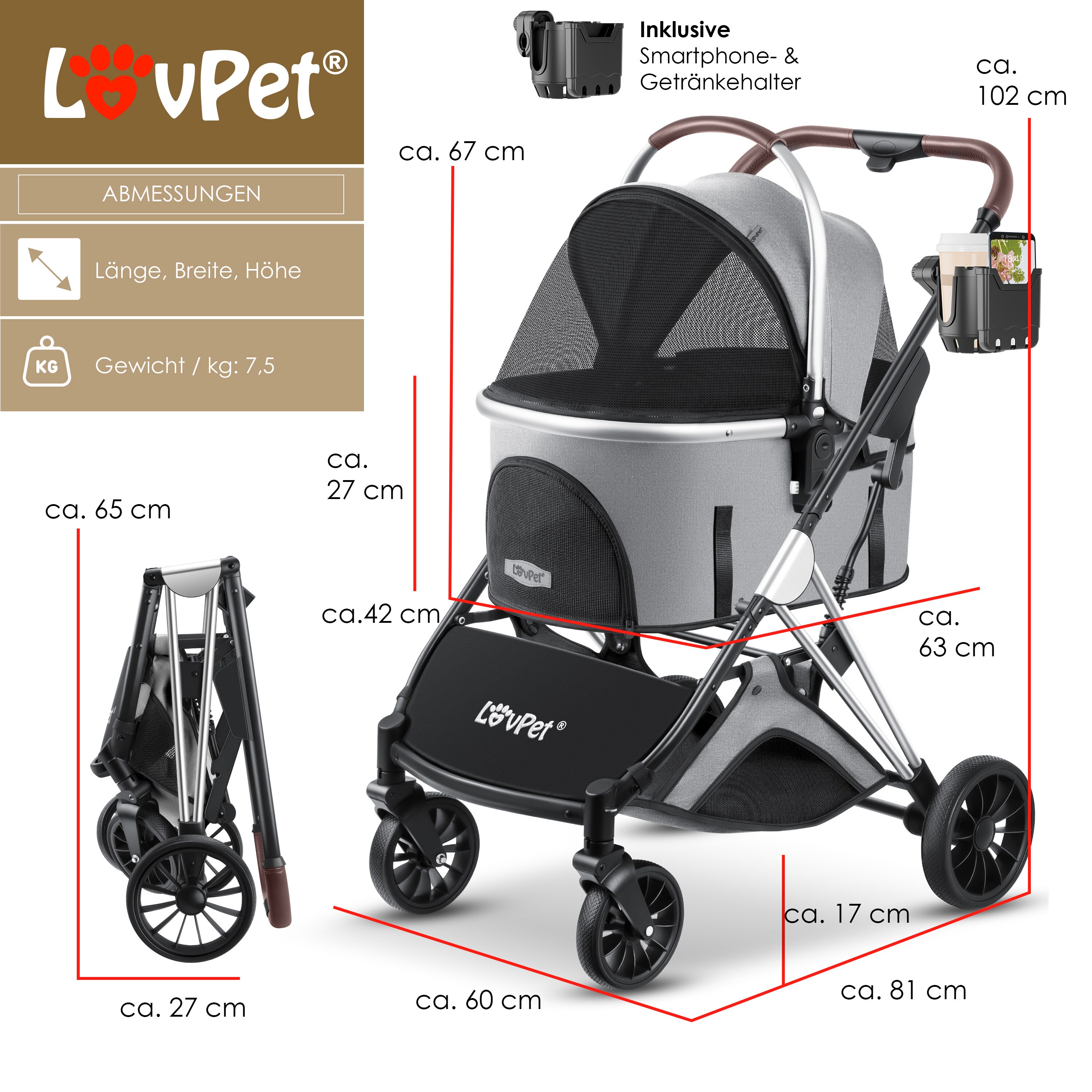 LOVPET® Hundewagen 3in1 Hundebuggy Hundebox Transporttasche 360° Große Räder Faltbar klappbar Haustiere Buggy mit Netzfenstern & Regenschutzabdeckung Jogger Katzenbuggy für kleine Hunde Katzen