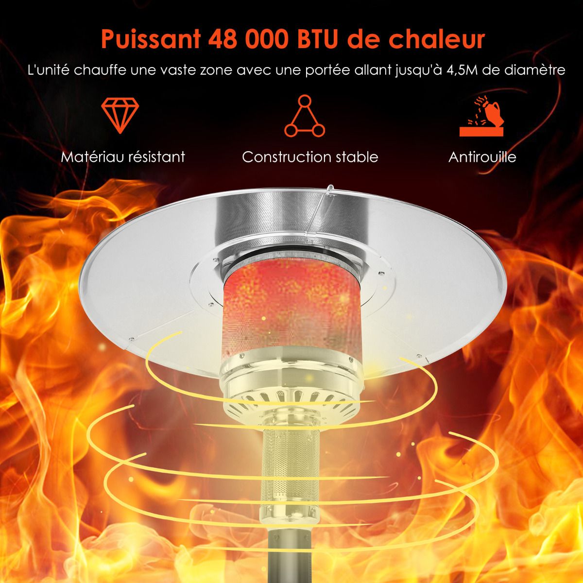 Parasol Chauffage Extérieur à Gaz 13KW Réflecteur 82cm avec Dispositif de Anti-basculement Tube 2 Roues Fluide 220cm Noir - Lidl-Manfred