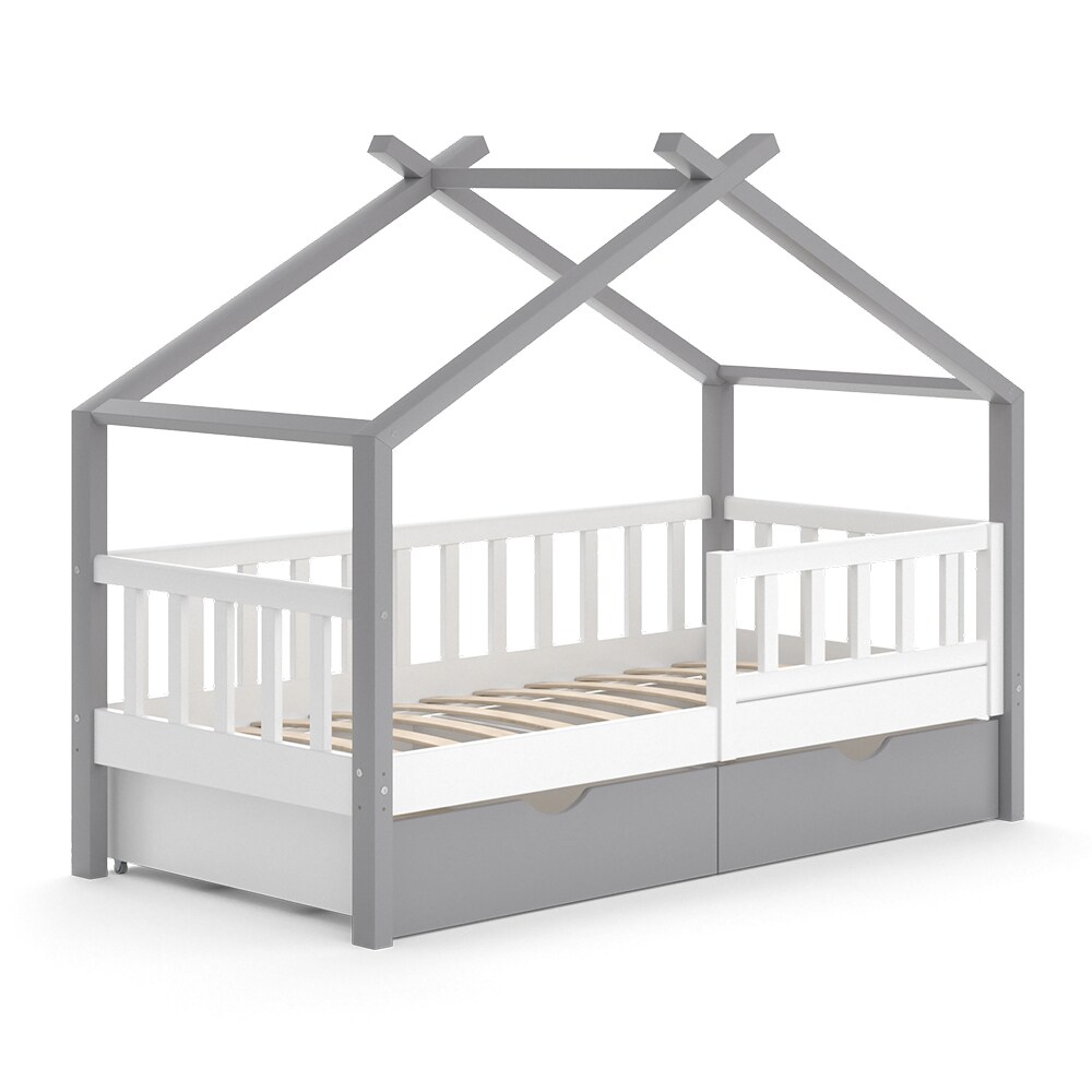 VitaliSpa Kinderbett Hausbett Einzelbett Design Weiß Grau modern 80x160 cm Kinderzimmer Bett Massivholz Lattenrost Schublade Rausfallschutz Schubladenbett