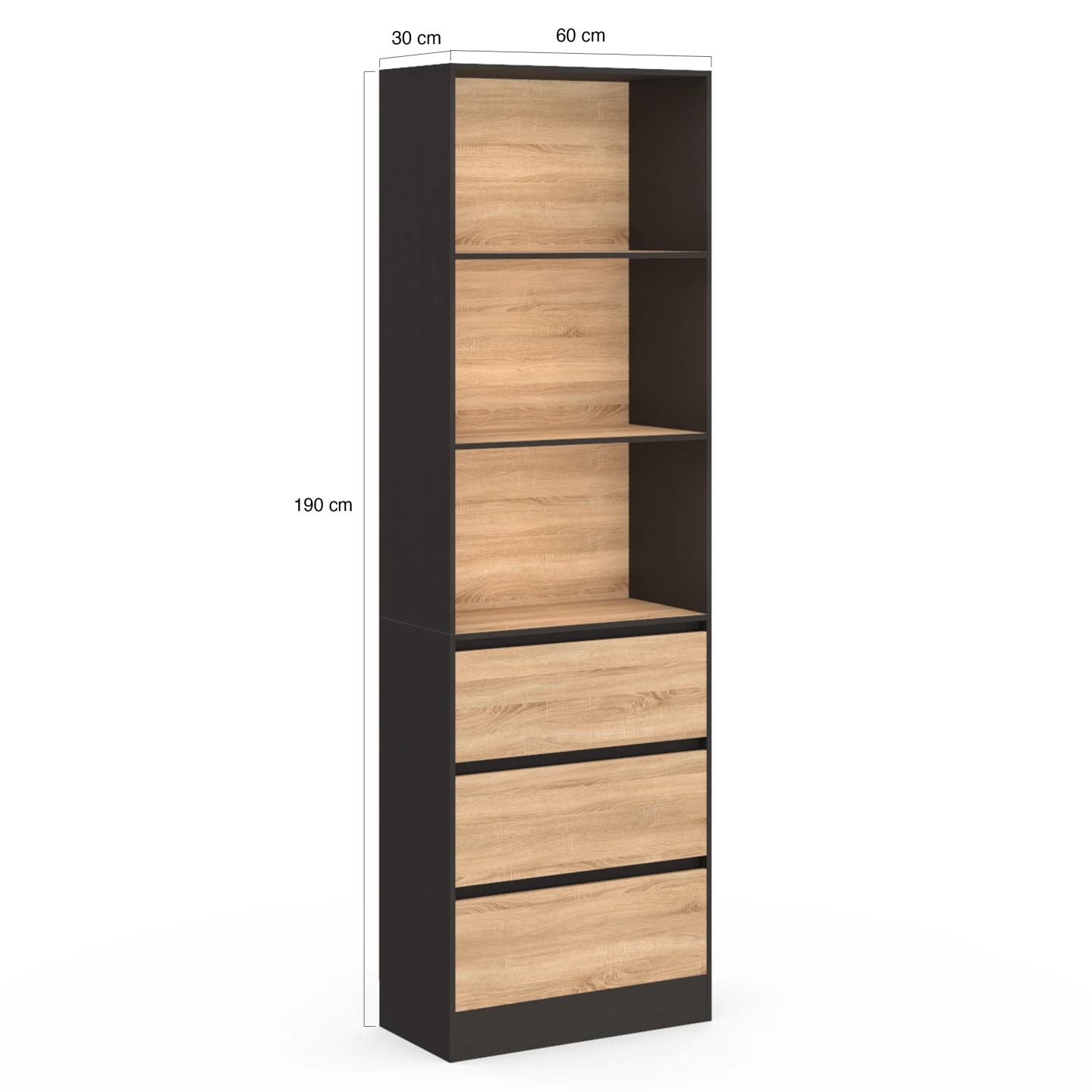 Etagère bibliothèque CARLA 3 niveaux 3 tiroirs noir et effet bois H.190 cm