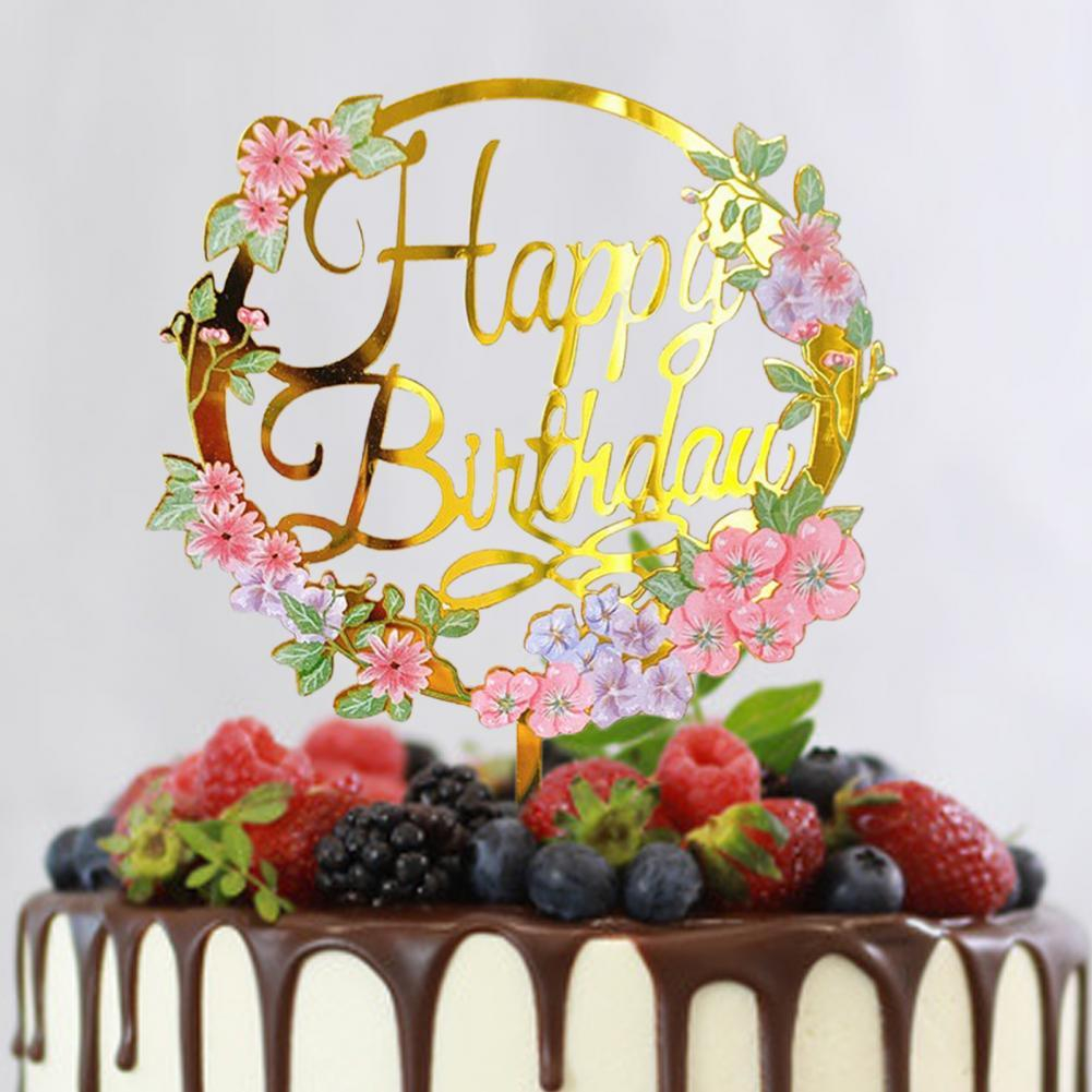 Kuchenstecker Happy Birthday mit Blumenkranz Rund Acryl Tortenstecker Topper Dekoration für Torten / Kuchen - Gold