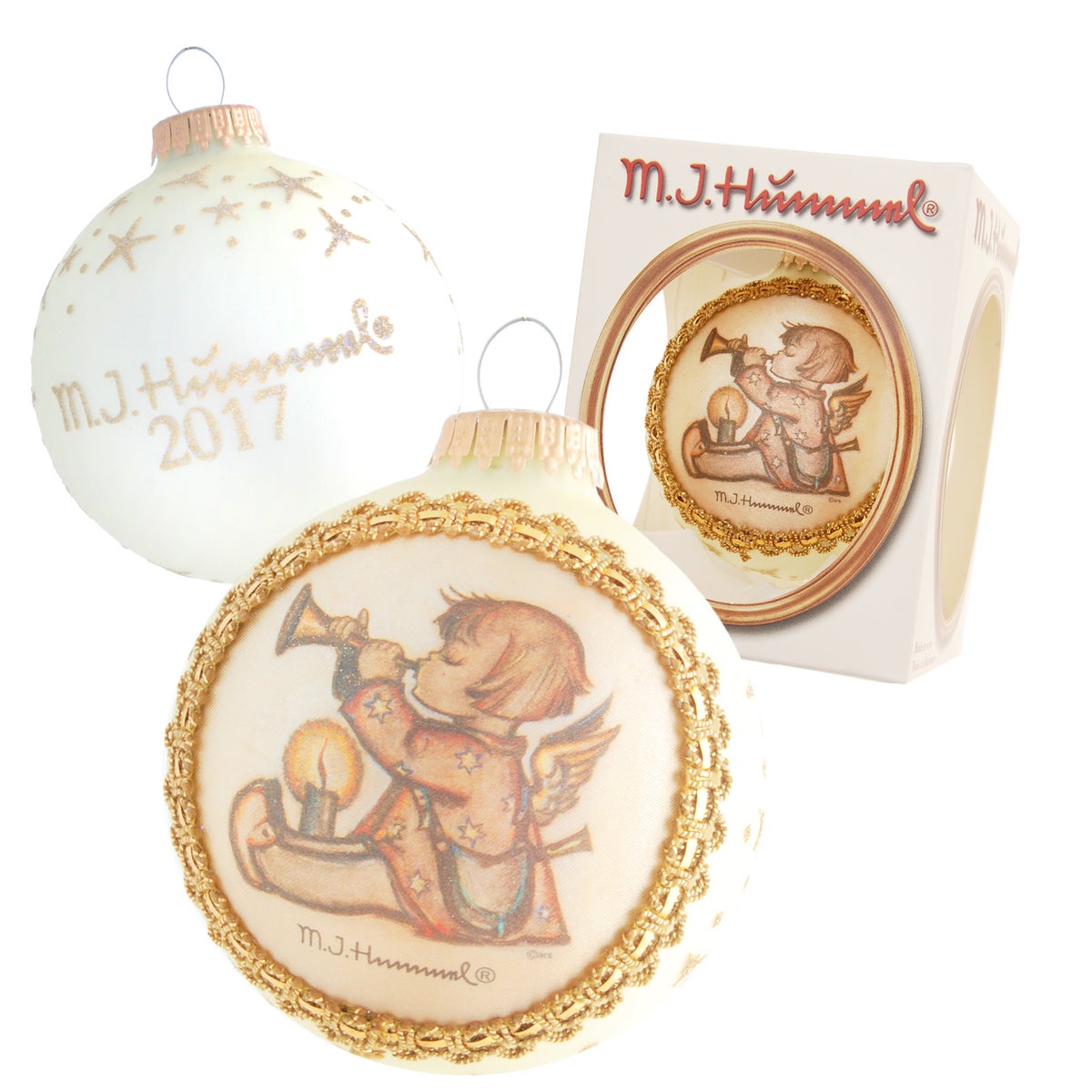 Lichtgouden matte 8cm glazen ballen MI Hummel, engel met trompet, handversiering met zijden afbeelding en rand (1 stuk), 1 st., Kerstboomballen, Kerstboomversiering, Kerstboomornamenten