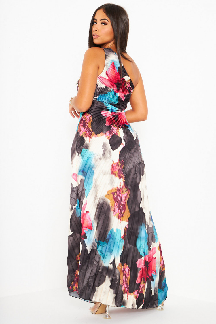 Robe noire one shoulder plissées et fleurie