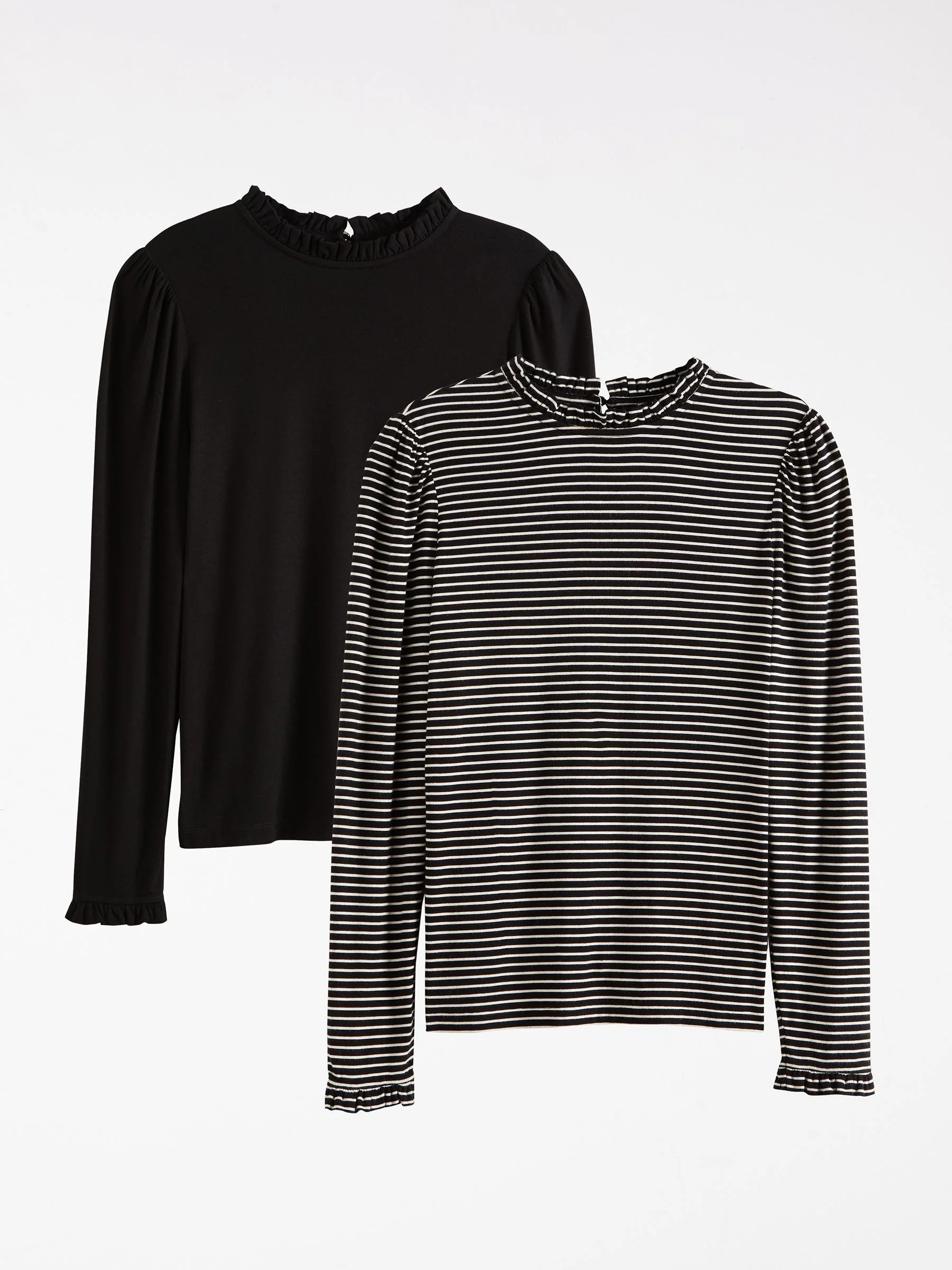Zwart en gestreept - Love & Roses jersey top met ruches aan de hals en lange mouwen
