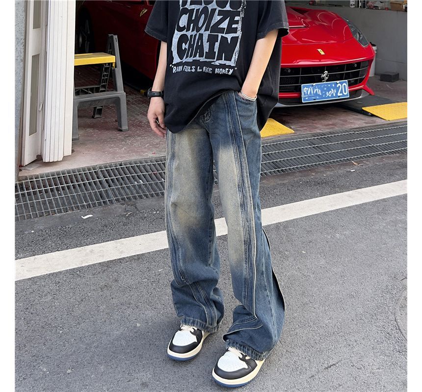 Hushgrain - Mid Rise Washed Panel Straight Leg Jeans