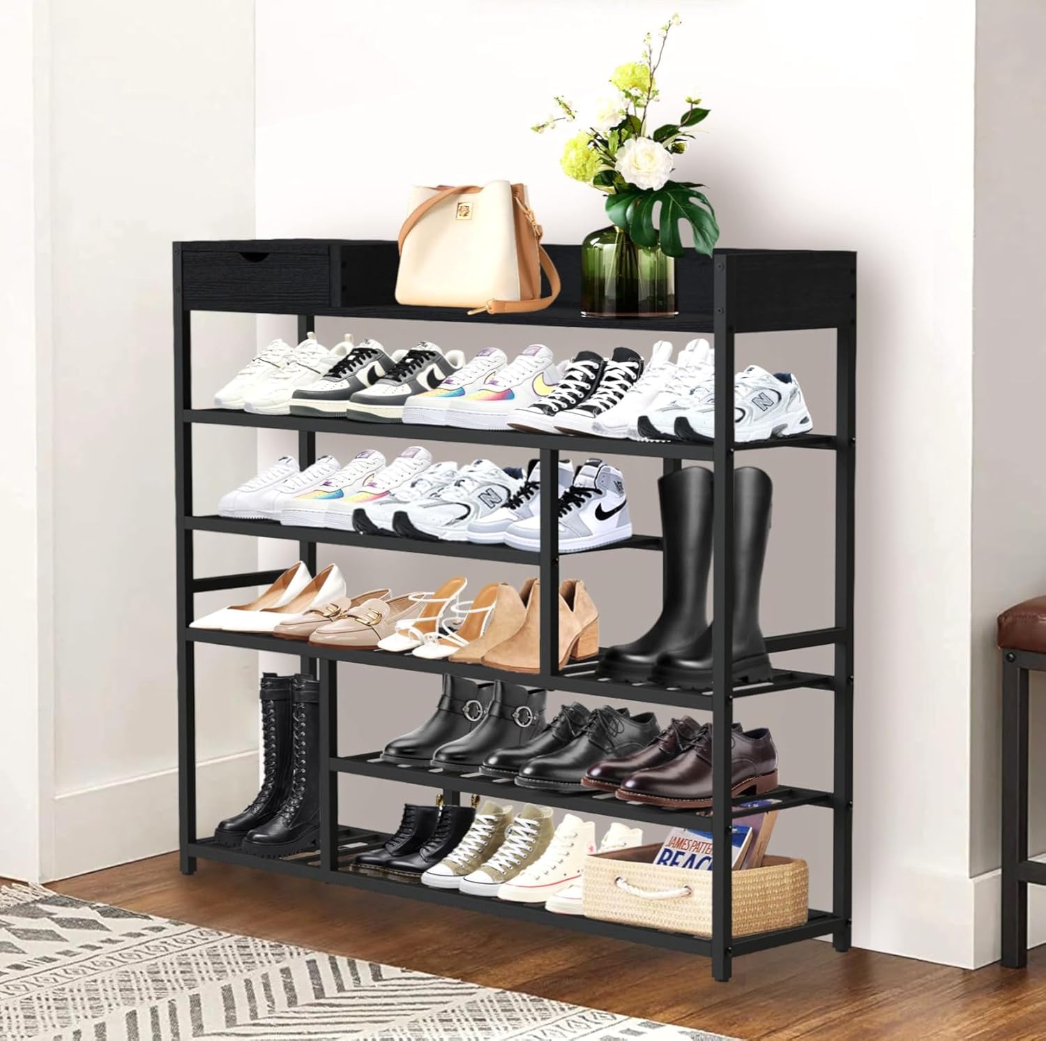 DanDiBo Schuhregal Platzsparend Metall Schwarz Modern 6 Etagen 100 cm mit Ablage Schuhständer mit Stauraum Schuhablage Schuhaufbewahrung Regal Design Shoe Rack
