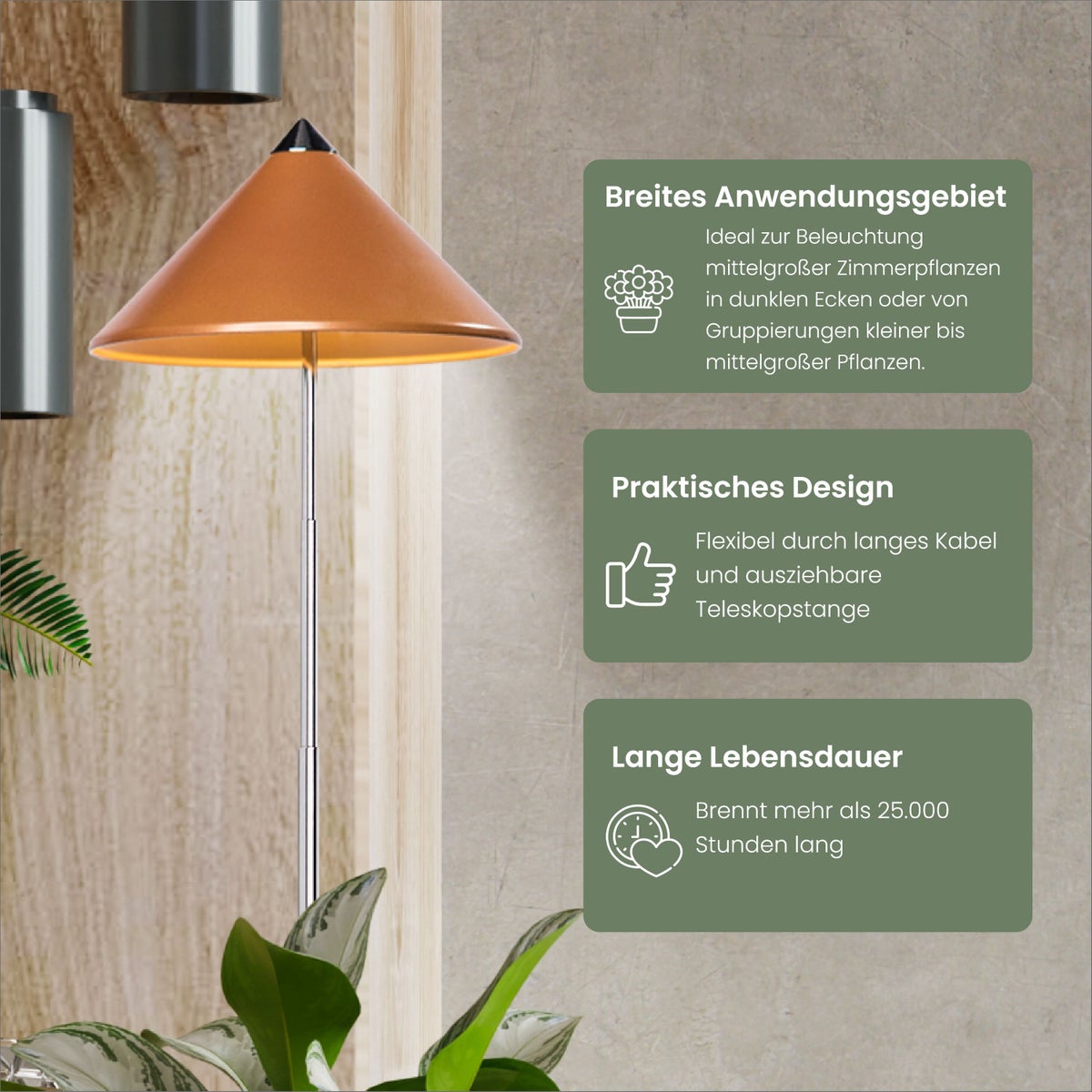 Parus by Venso SUNLITE 7W LED Full Spectrum Plantenlamp Koper, Binnenplantenverlichting, met Uitschuifbare Telescopische Paal, Parus Plantenlamp voor Kleine en Middelgrote Kamerplanten