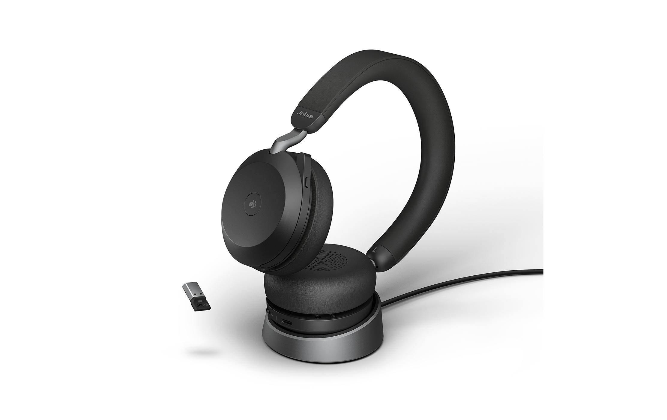Headset Evolve2 75 Duo MS Schwarz, USB-A, inkl. Ladestation<br>Der neue Standard für hybrides Arbeiten. Erstklassige Soundtechnik für branchenweit führende Sprachqualität