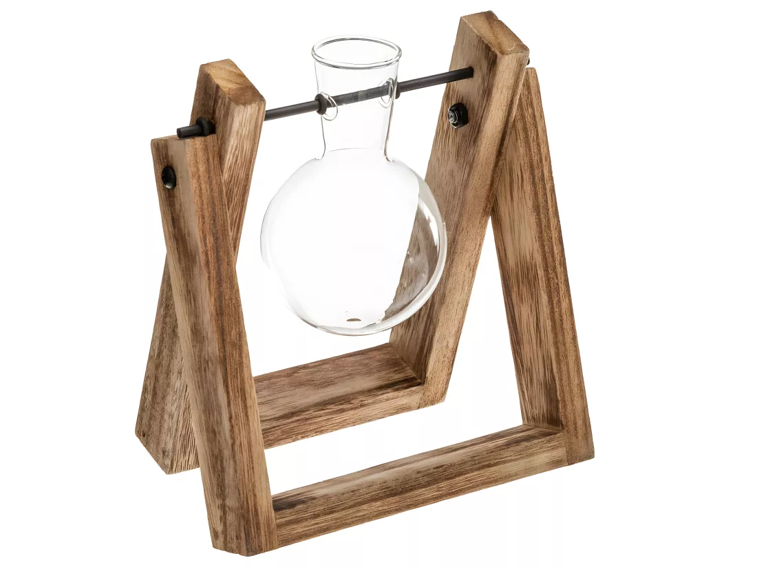 Soliflore en verre avec support en Bois H 16 cm