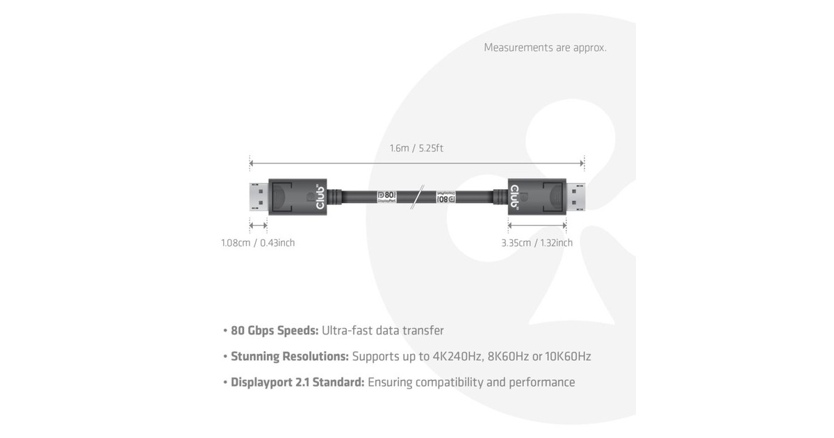 Club 3DDisplayPort 2.1 Bi-Directional VESA DP80 Certified kabel 4K 240 Hz  (1,6 meter)