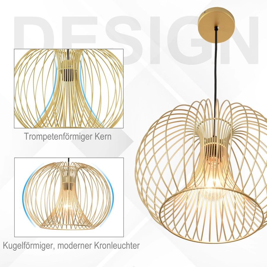 HOMCOM Pendelleuchte mit goldenem gebogenem Stahlrahmen gold